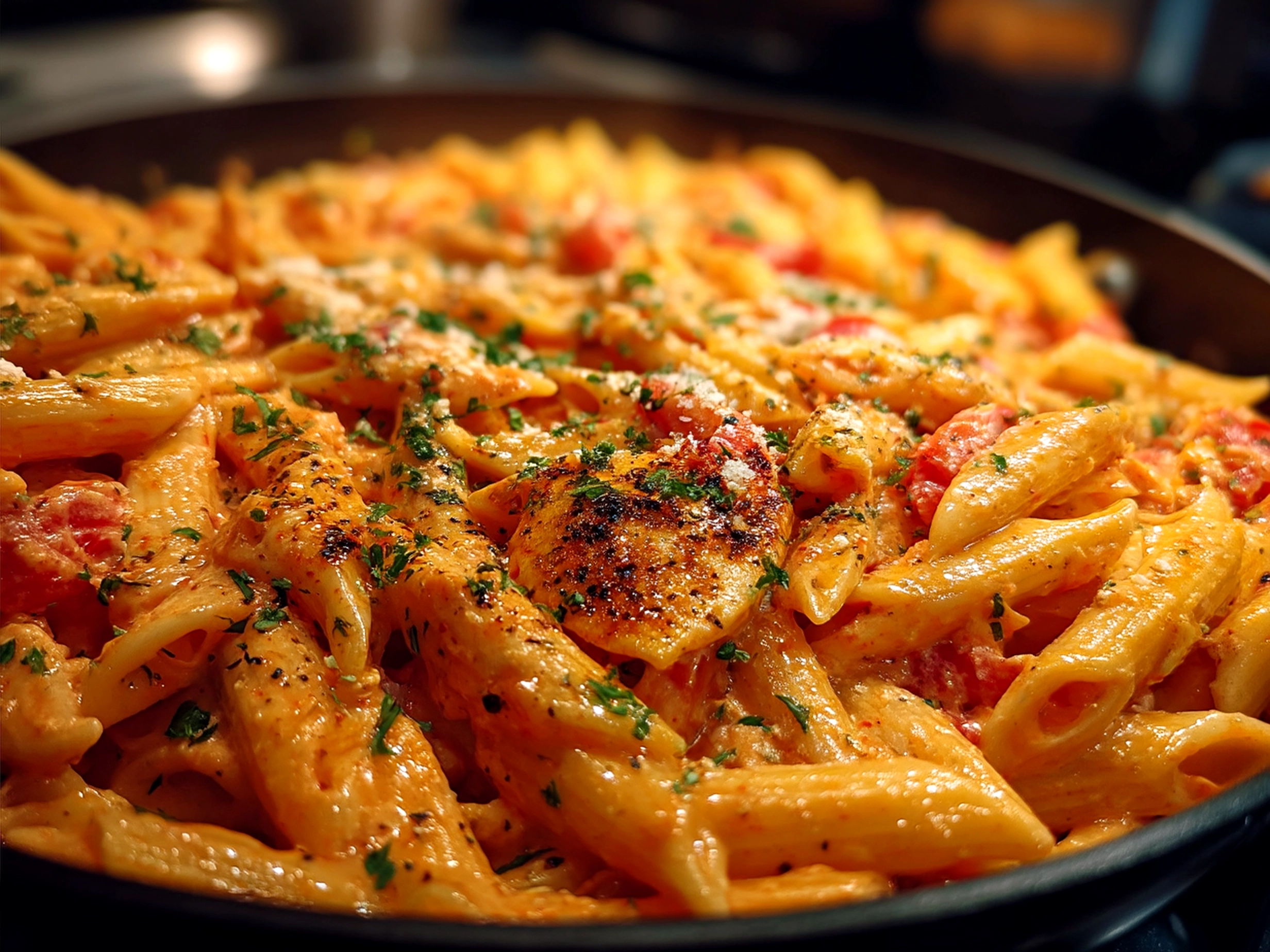 Serving of Pink Creamy Vegan Pasta garnished with fresh basil on a plate