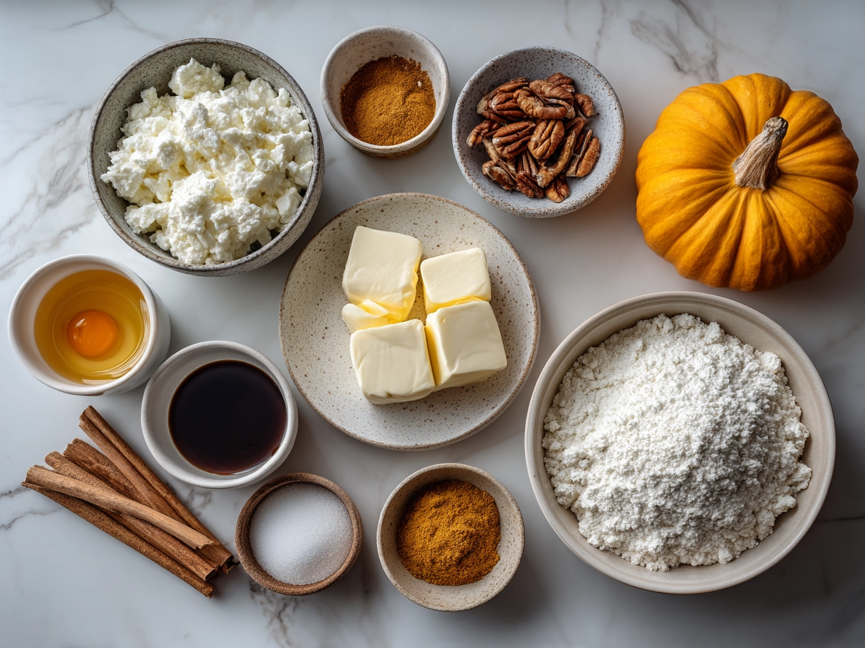 Ingredients for Pumpkin Cottage Cheese Bake, including pumpkin puree, cottage cheese, eggs, spices, and oats