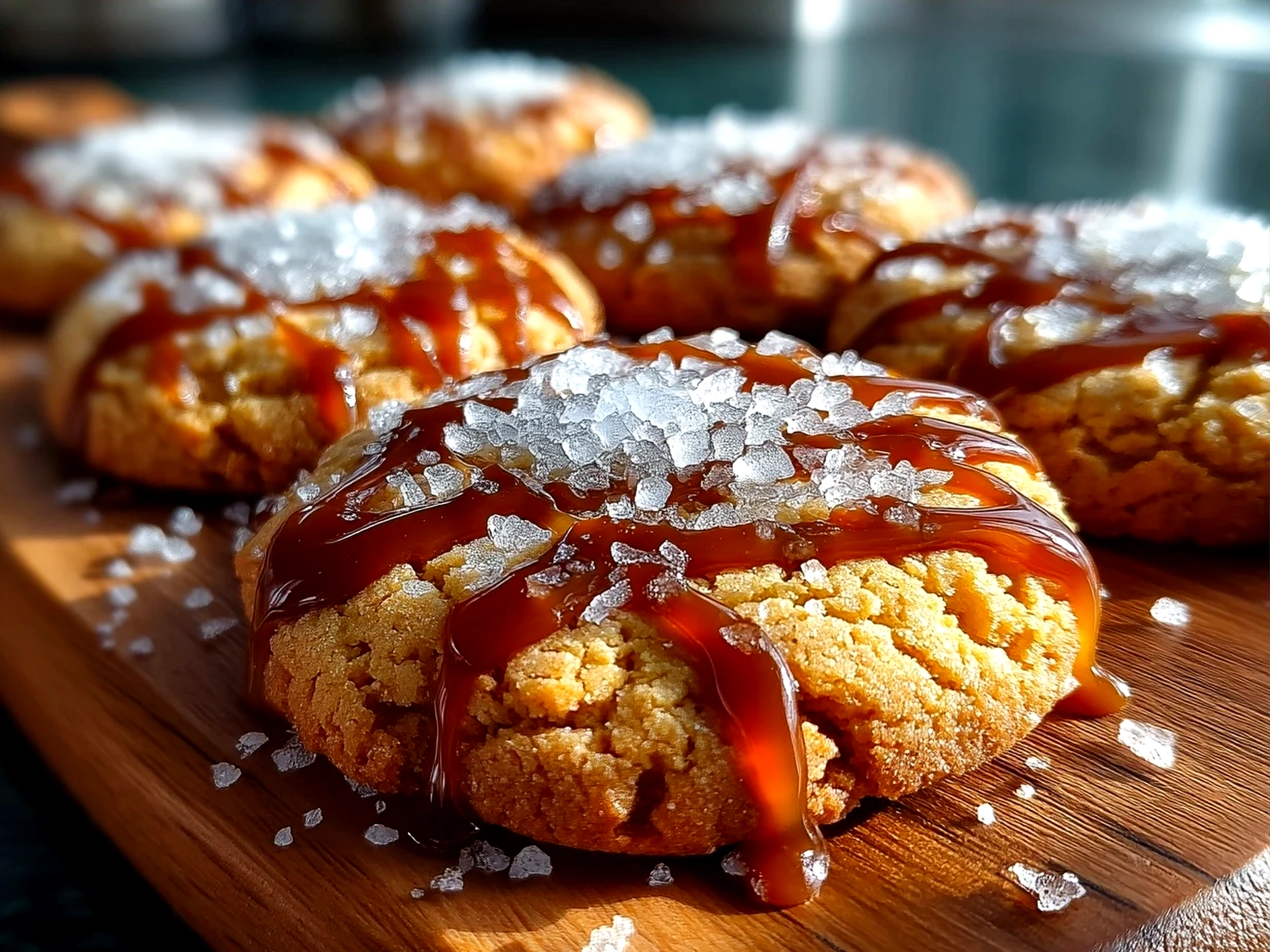 Freshly baked salted caramel cookies on a rustic wooden board