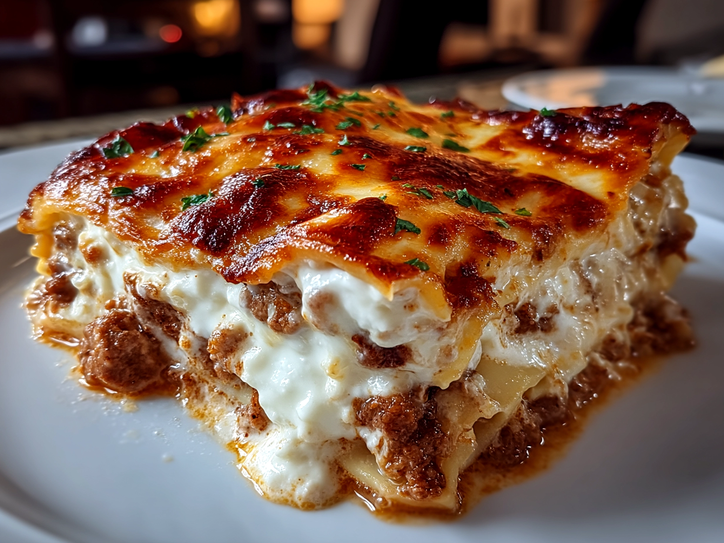 Slight angle close-up view of a finished Classic Lasagna on a plate