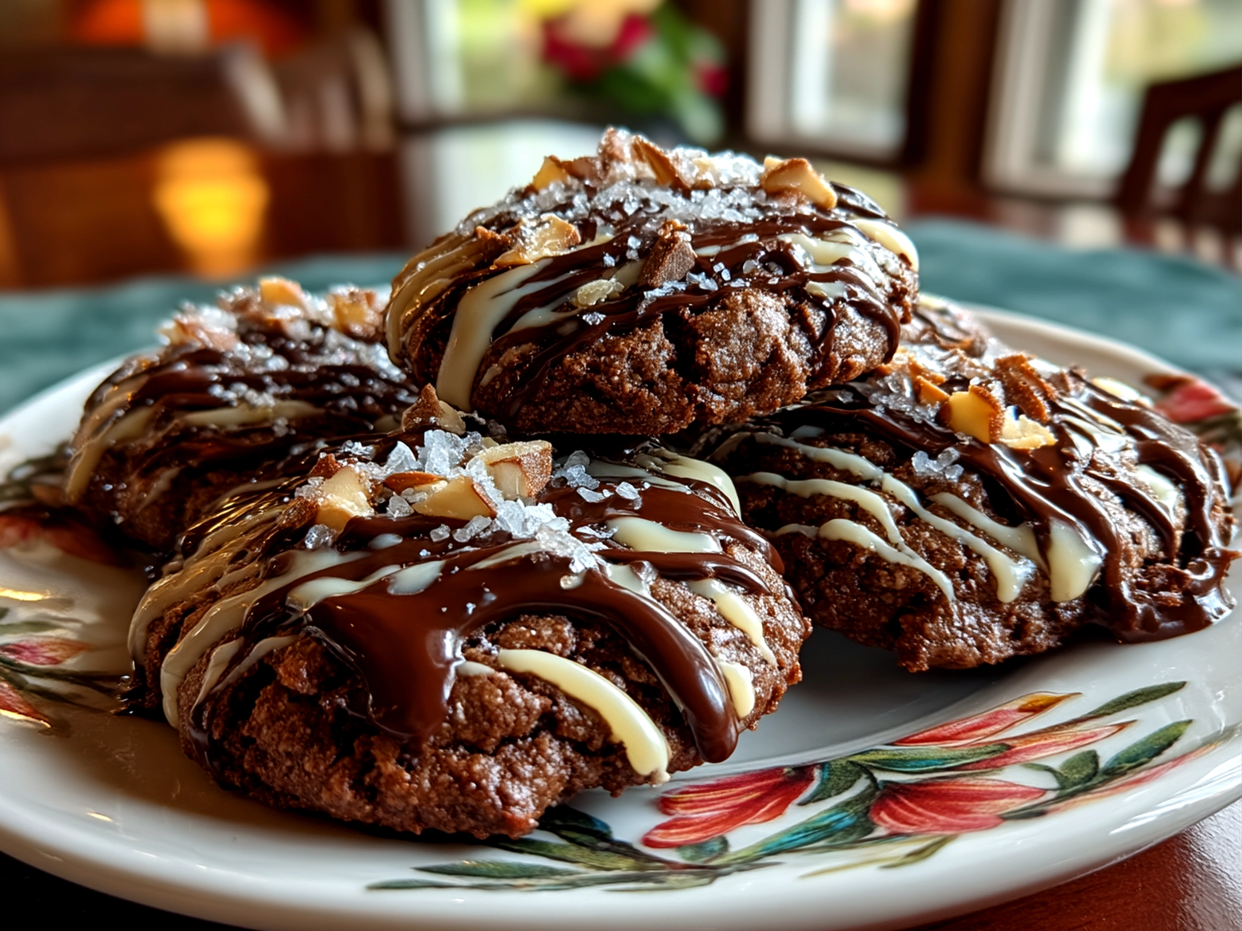 Slight angle close-up finished fudgy Grasshopper Cookies