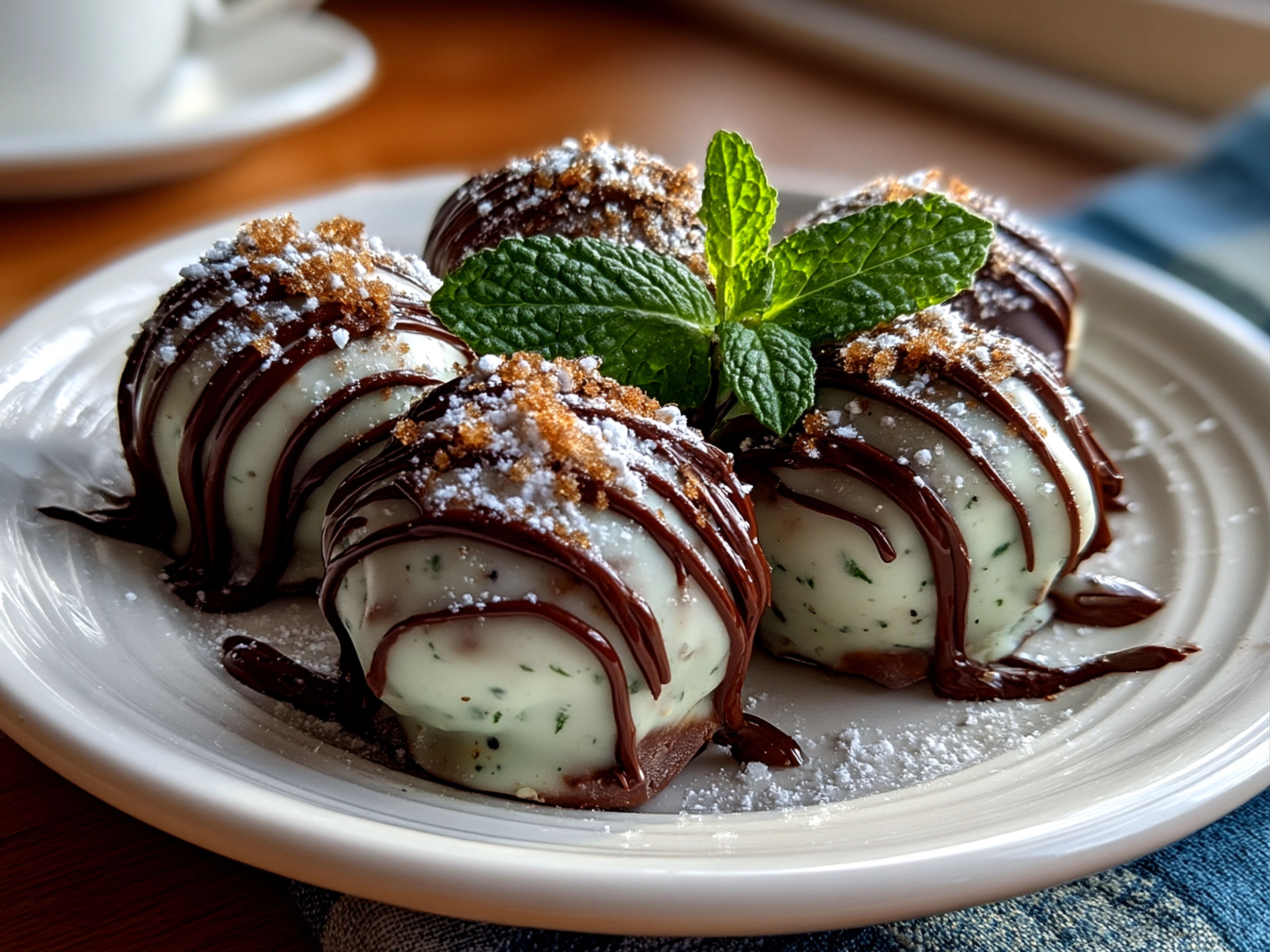 Slight angle close-up of finished Mint Oreo Balls on serving platter