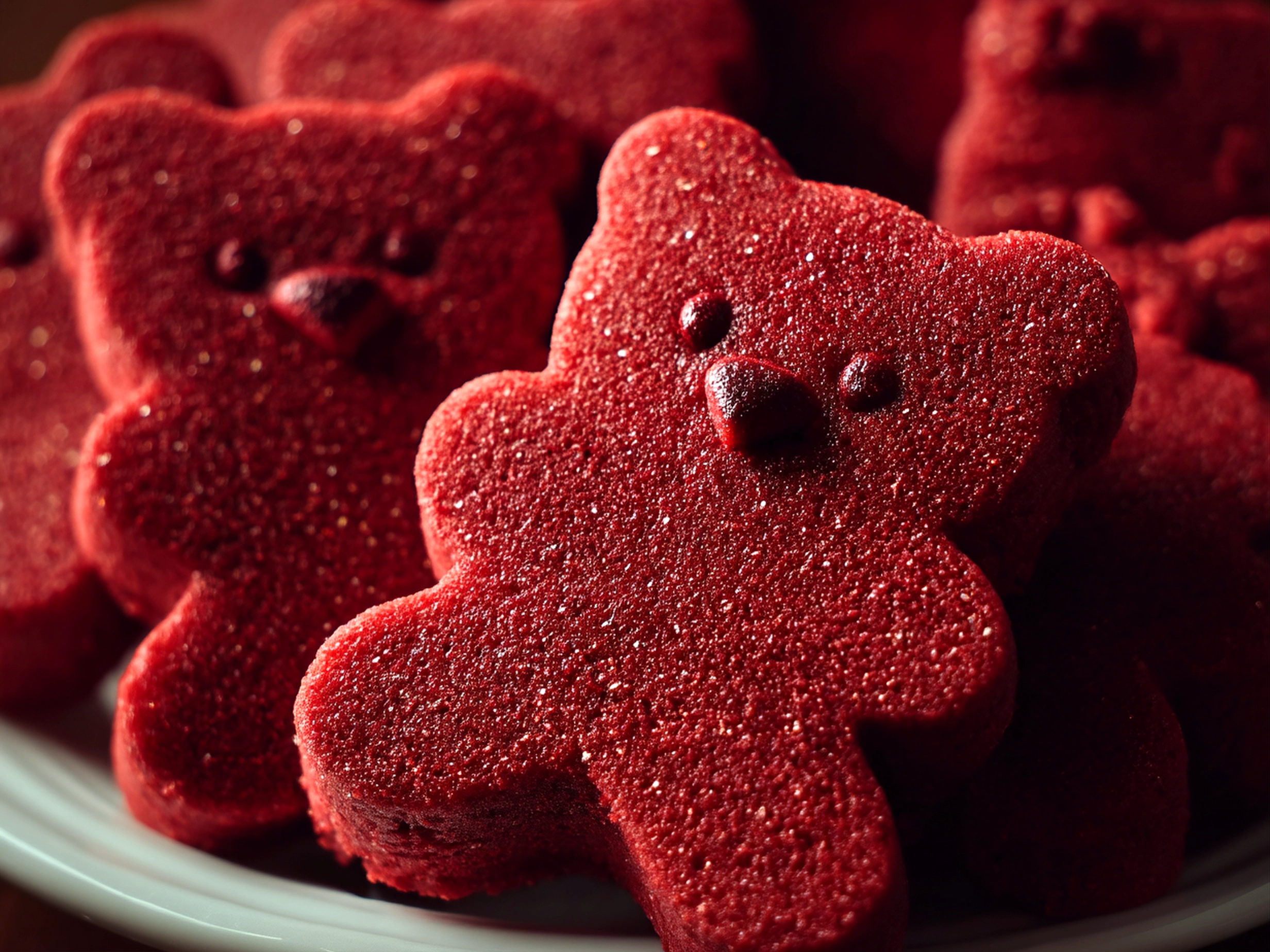 Slight angle close-up of finished Red Velvet Bear Cookies with cream cheese frosting