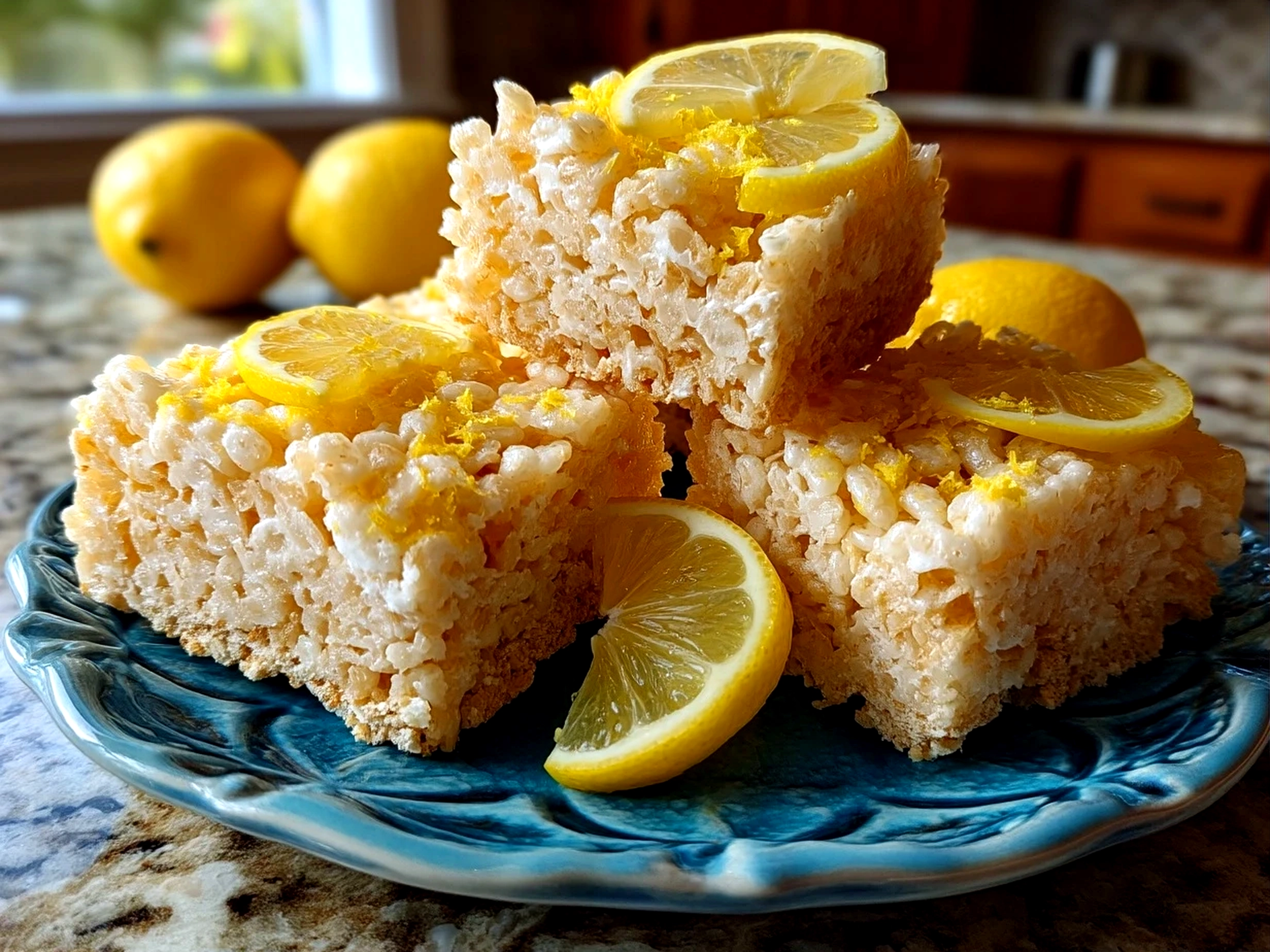 Slight angle close up of finished zesty lemon rice krispie treats