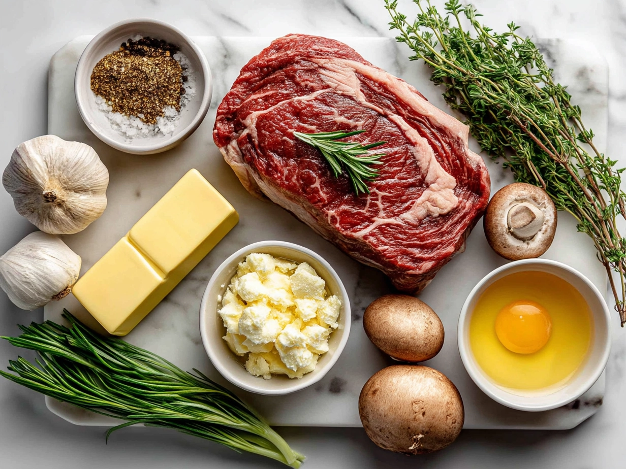 Ingredients for Slow Cooker Garlic Butter Beef laid out on a wooden table