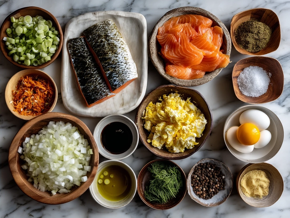 Ingredients for Smoked Salmon Bagel Dip on a wooden table