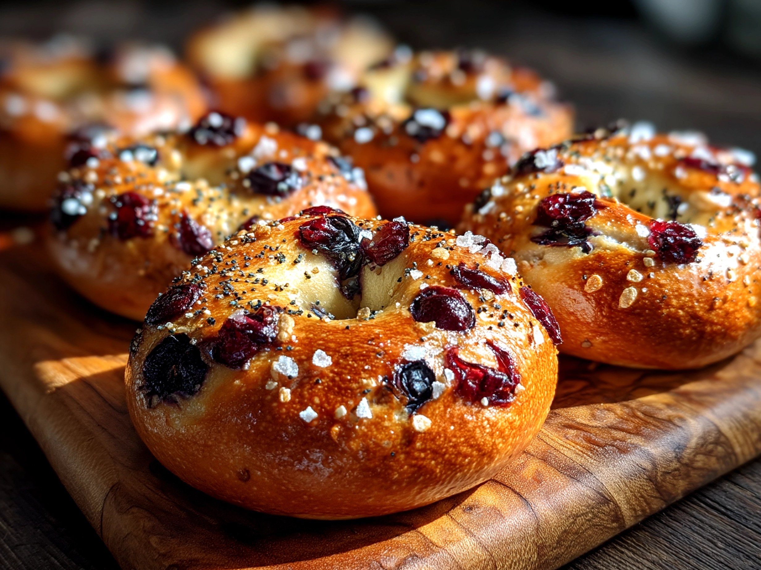 Freshly baked Sourdough Blueberry Bagels served with cream cheese and fresh blueberries on a rustic wooden table
