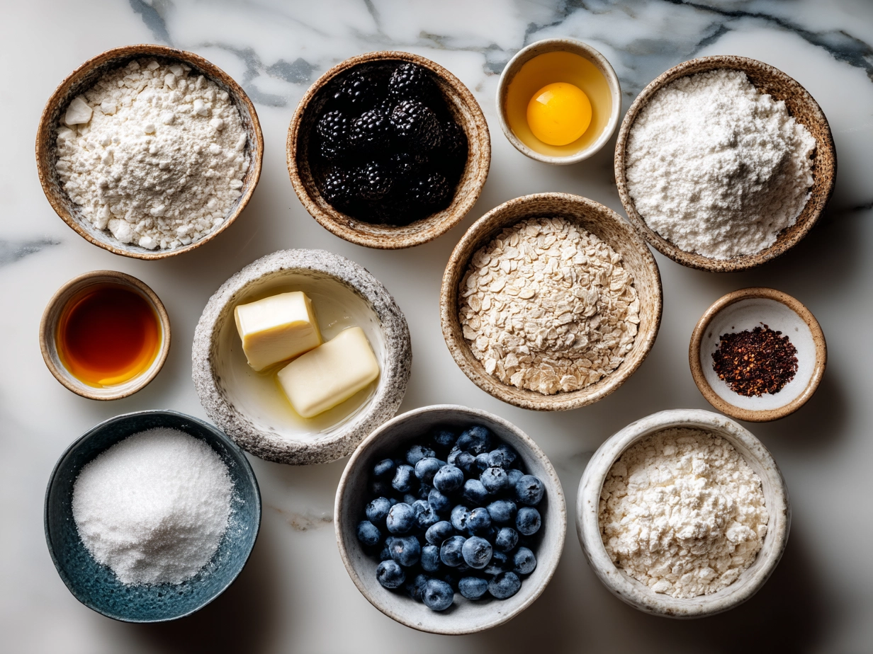 Ingredients for Sourdough Blueberry Bagels laid out on a kitchen counter