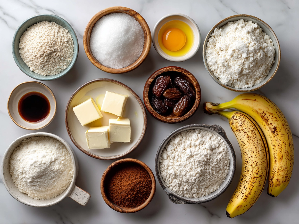 Ingredients for Sourdough Discard Banana Muffins: bananas, sourdough discard, eggs, flour and spices