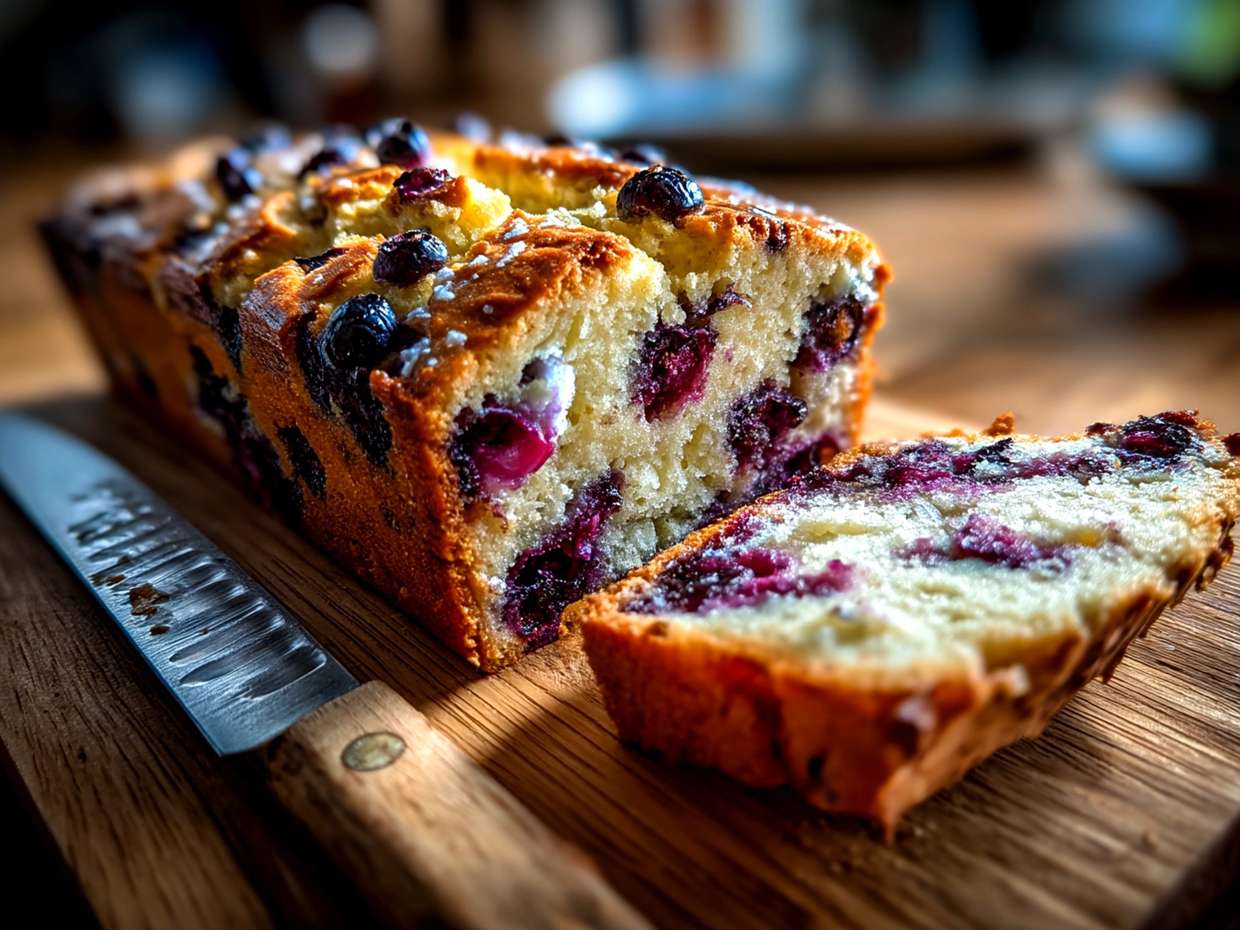 Slices of sourdough discard blueberry bread served on a plate