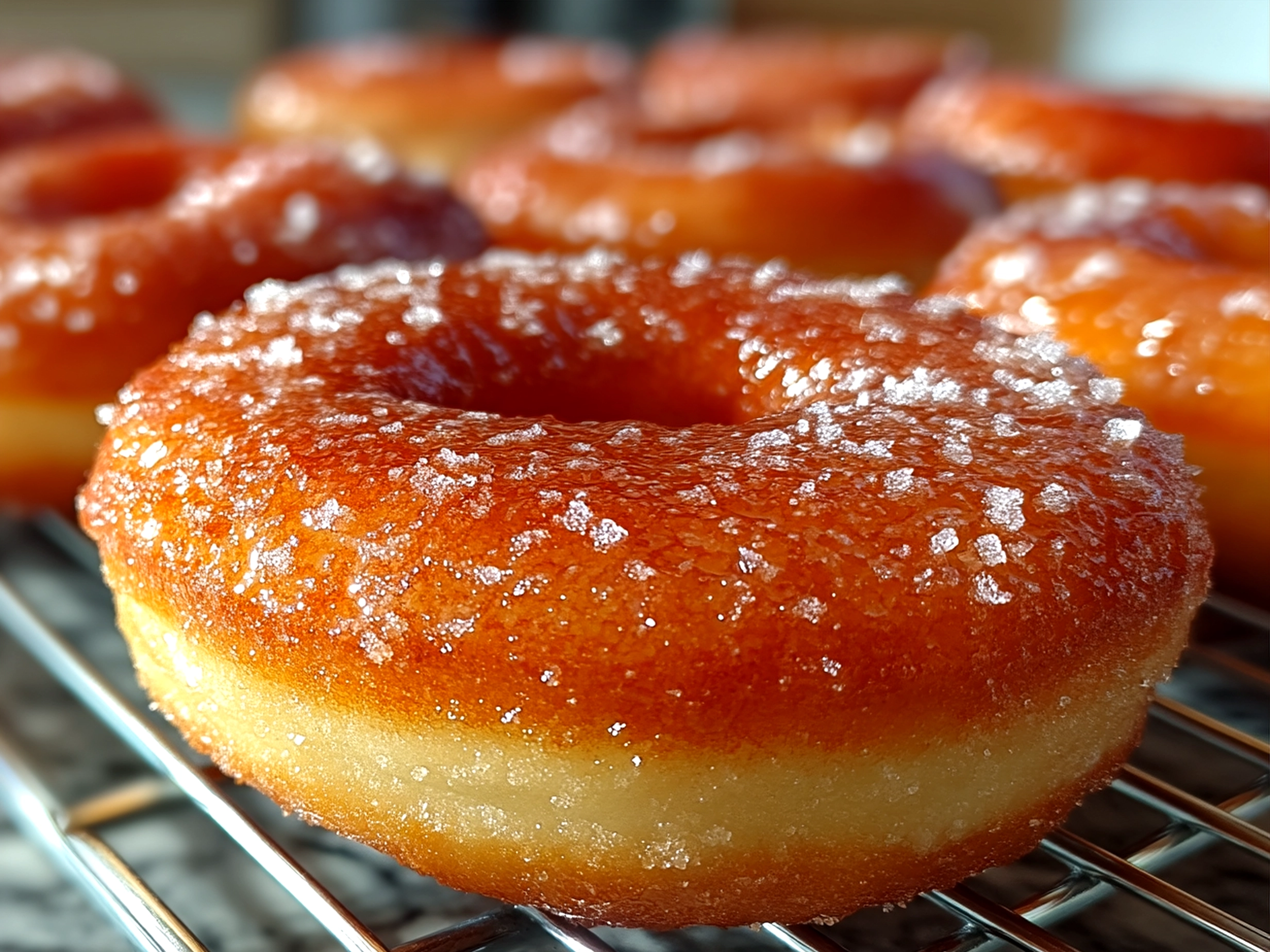 Freshly made sourdough discard sugar donuts dusted with sugar on a rustic wooden board