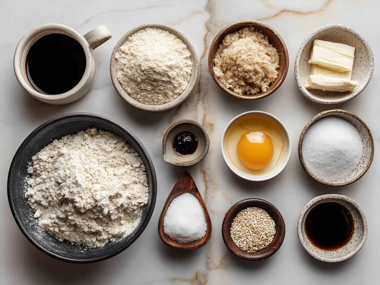 Ingredients for sourdough discard sugar donuts including flour, eggs, sugar, and sourdough starter