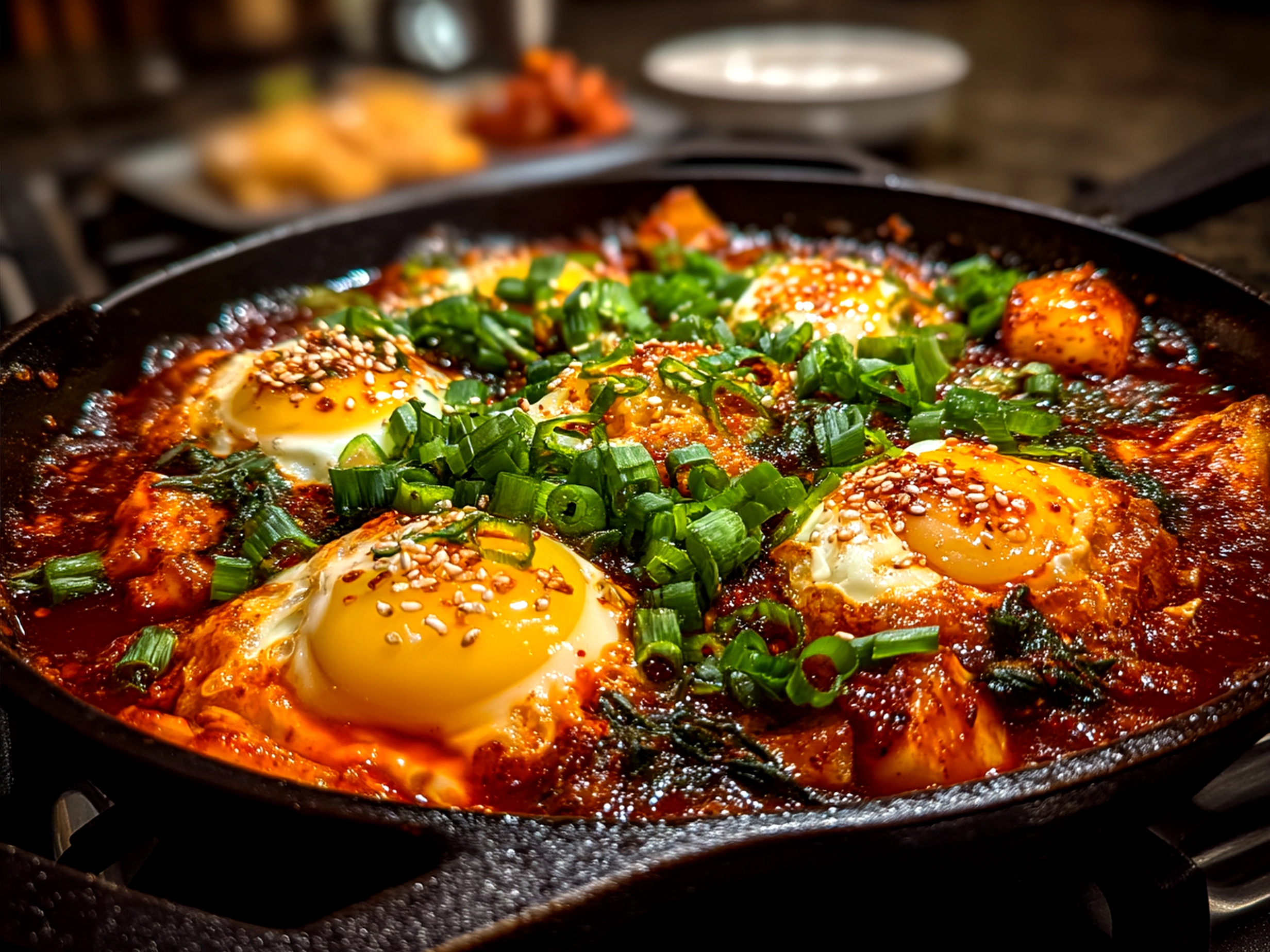 Spicy Gochujang Eggs served over rice with garnishes
