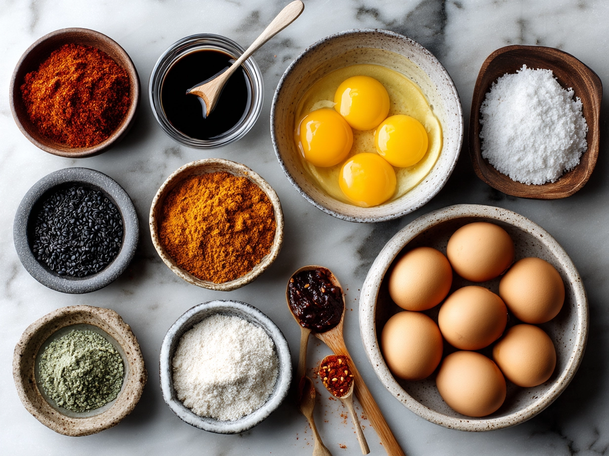 Ingredients for Spicy Gochujang Eggs laid out in bowls