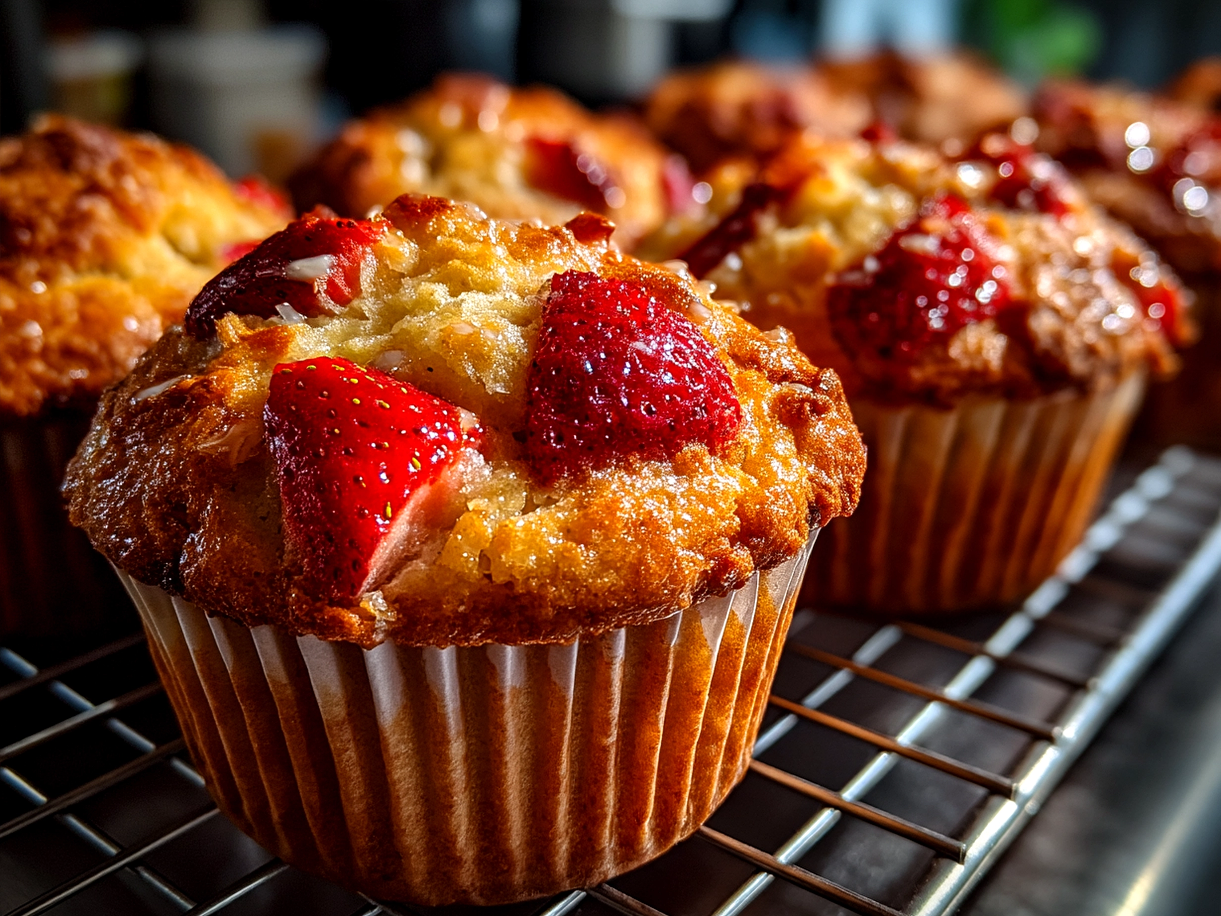 Freshly baked Strawberry Banana Muffins served on a decorative plate