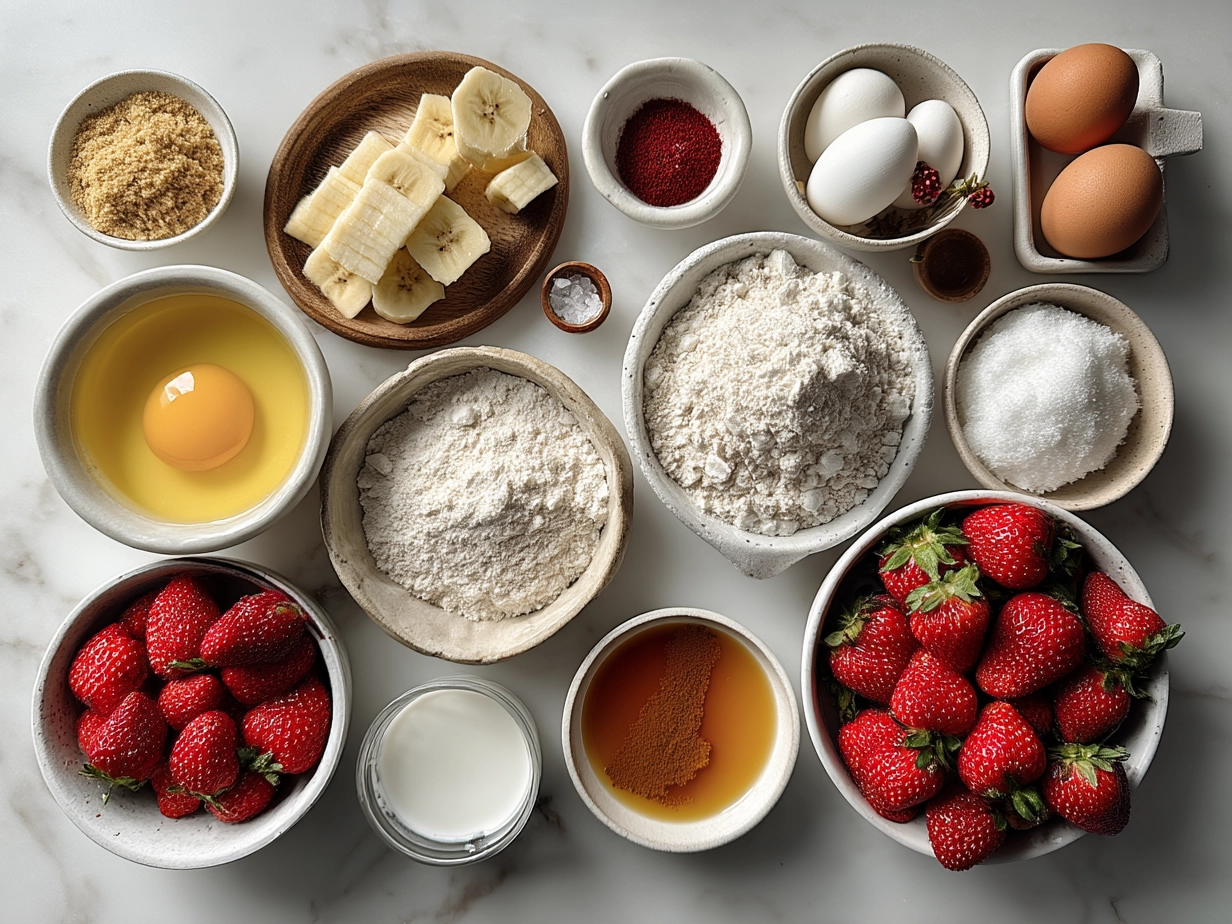 Ingredients for making Strawberry Banana Muffins arranged on a surface