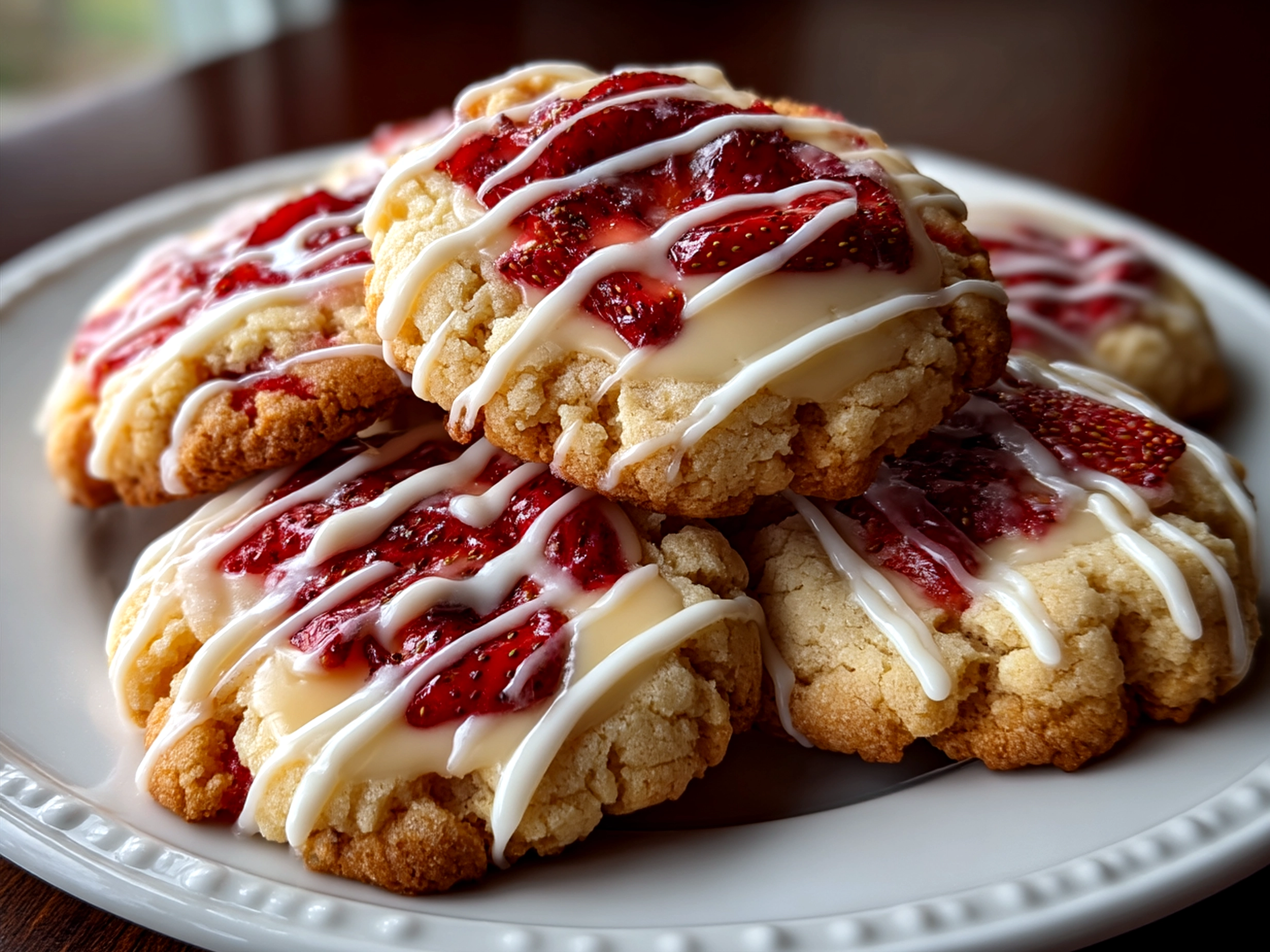 Final presentation of soft baked Strawberry Cheesecake Cookies served on a plate