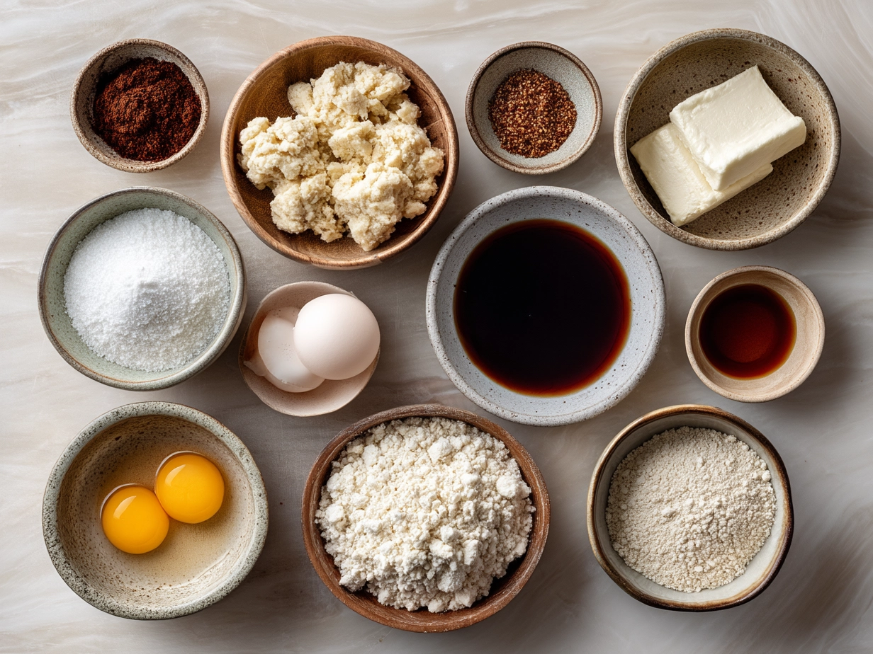 Ingredients for Strawberry Cheesecake Cookies including cream cheese, butter, sugar, eggs, flour, and freeze-dried strawberries