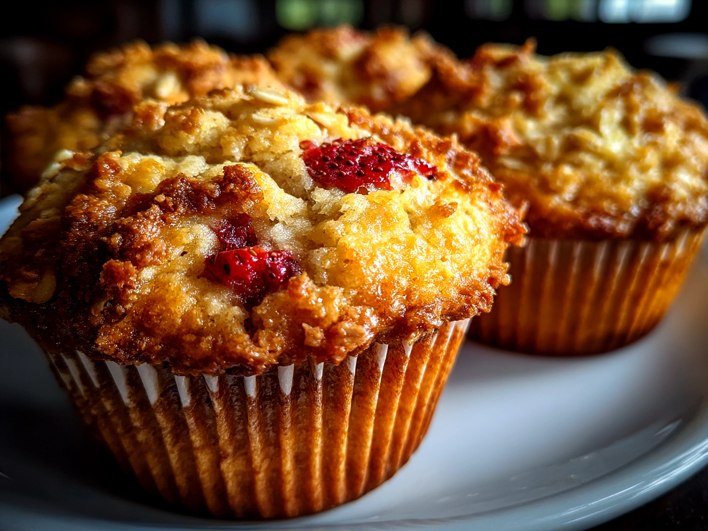 Freshly baked Strawberry Oatmeal Muffins served on a white plate ready to eat