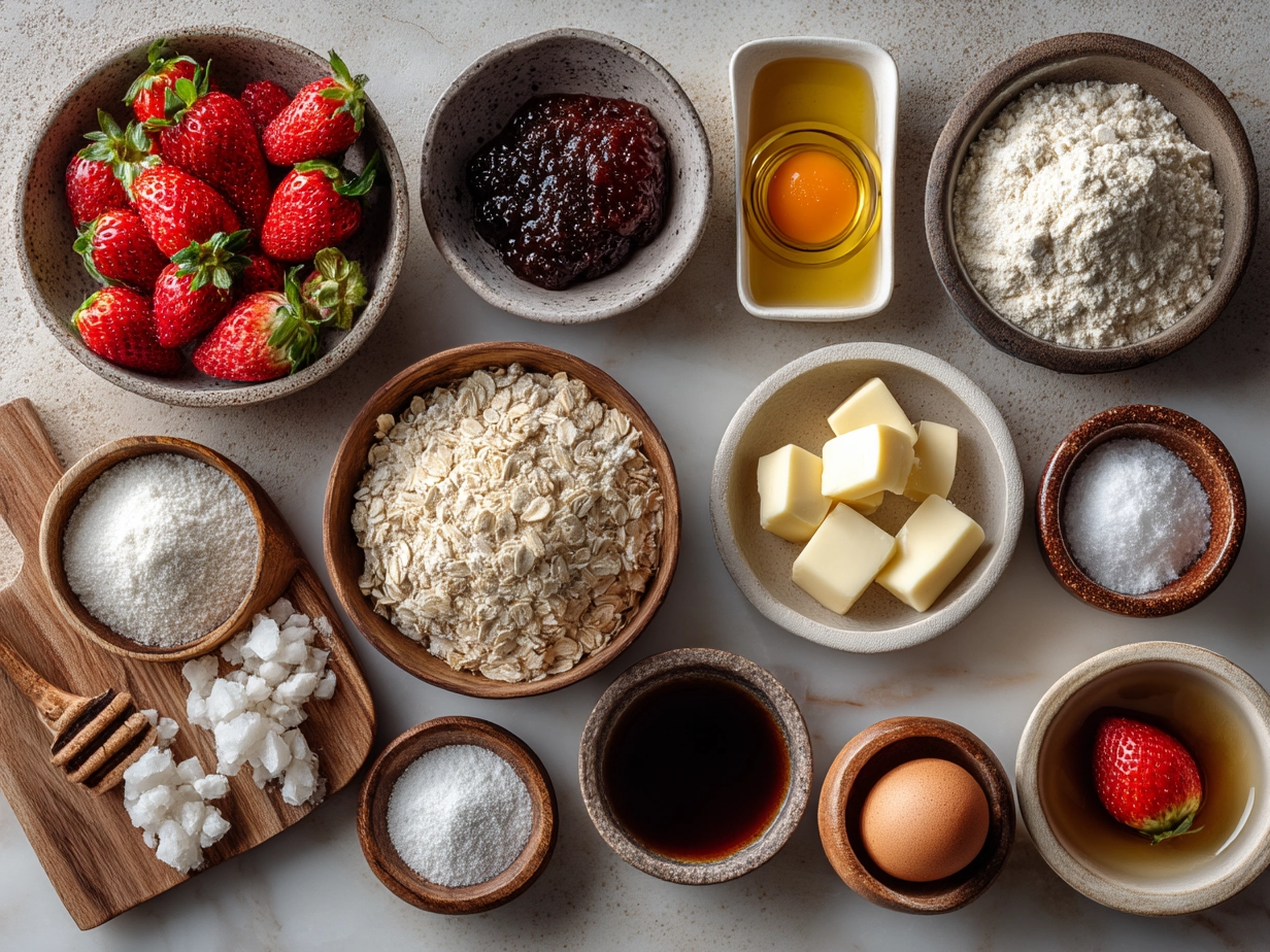 Ingredients for Strawberry Oatmeal Muffins laid out on a table