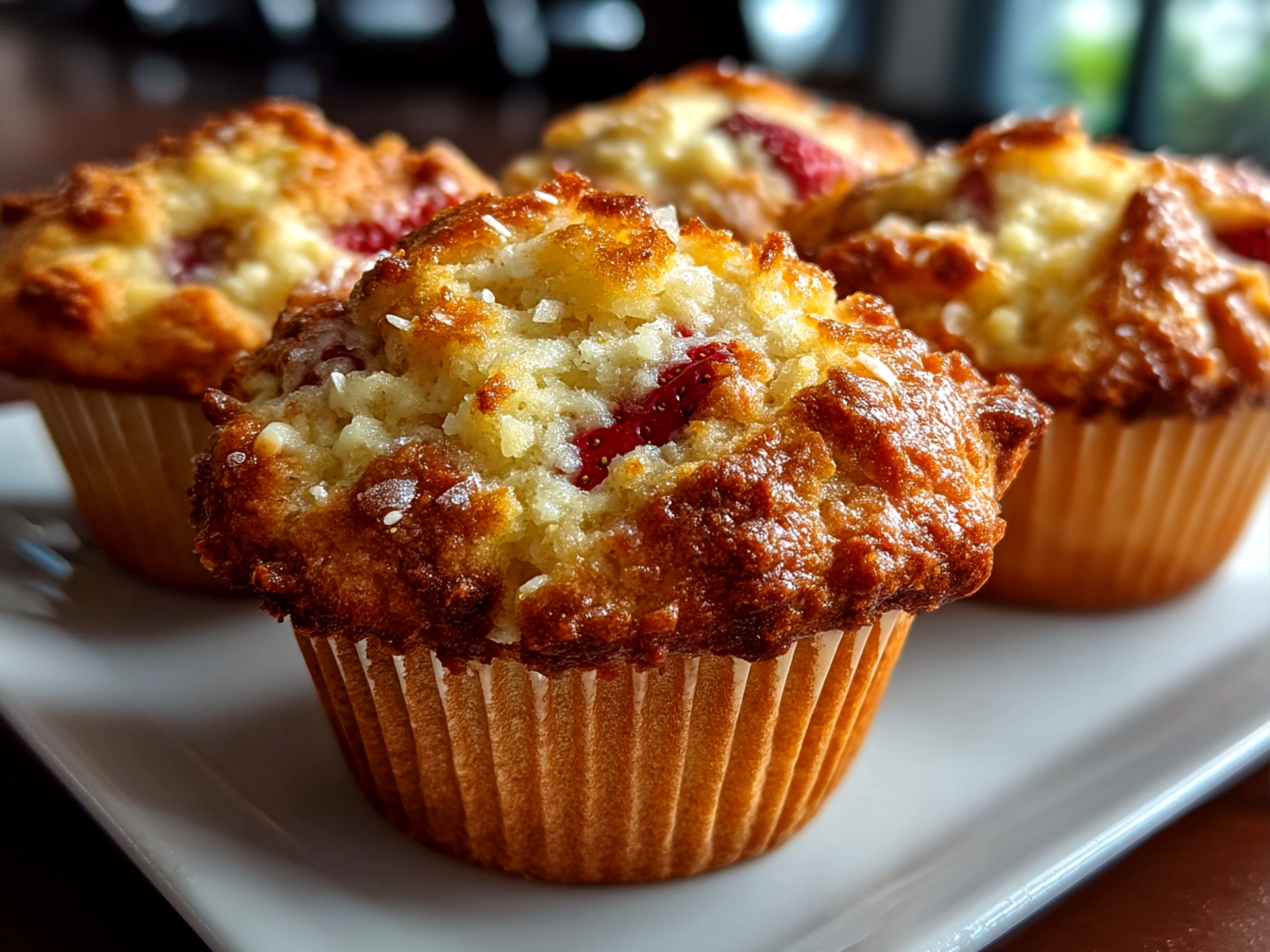 Freshly baked Strawberry White Chocolate Muffins served