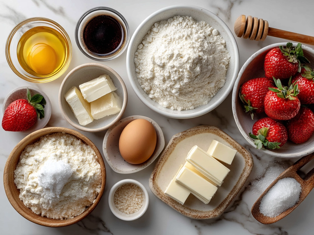 Ingredients laid out for Strawberry White Chocolate Muffins