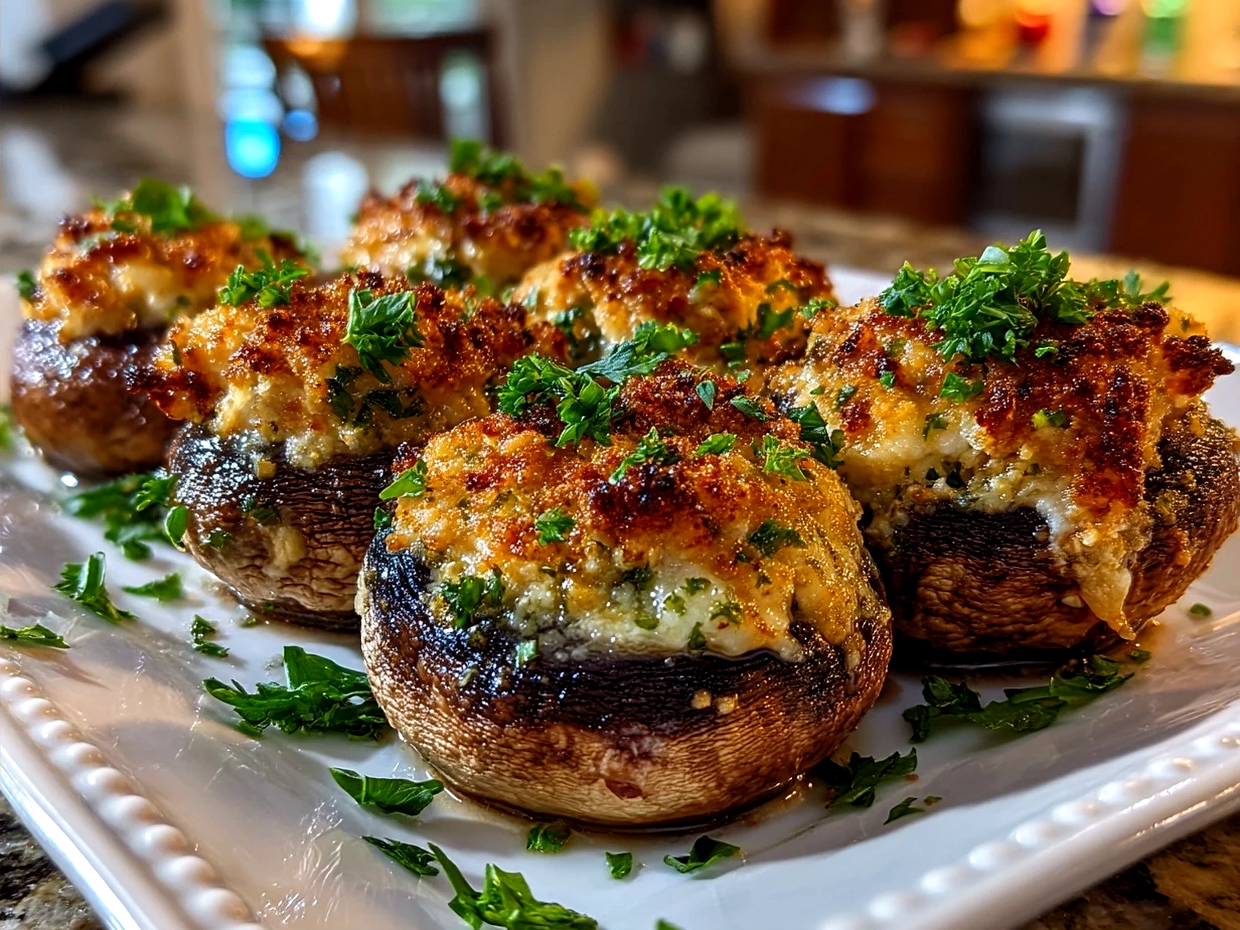 Plated baked stuffed mushrooms served with garnish