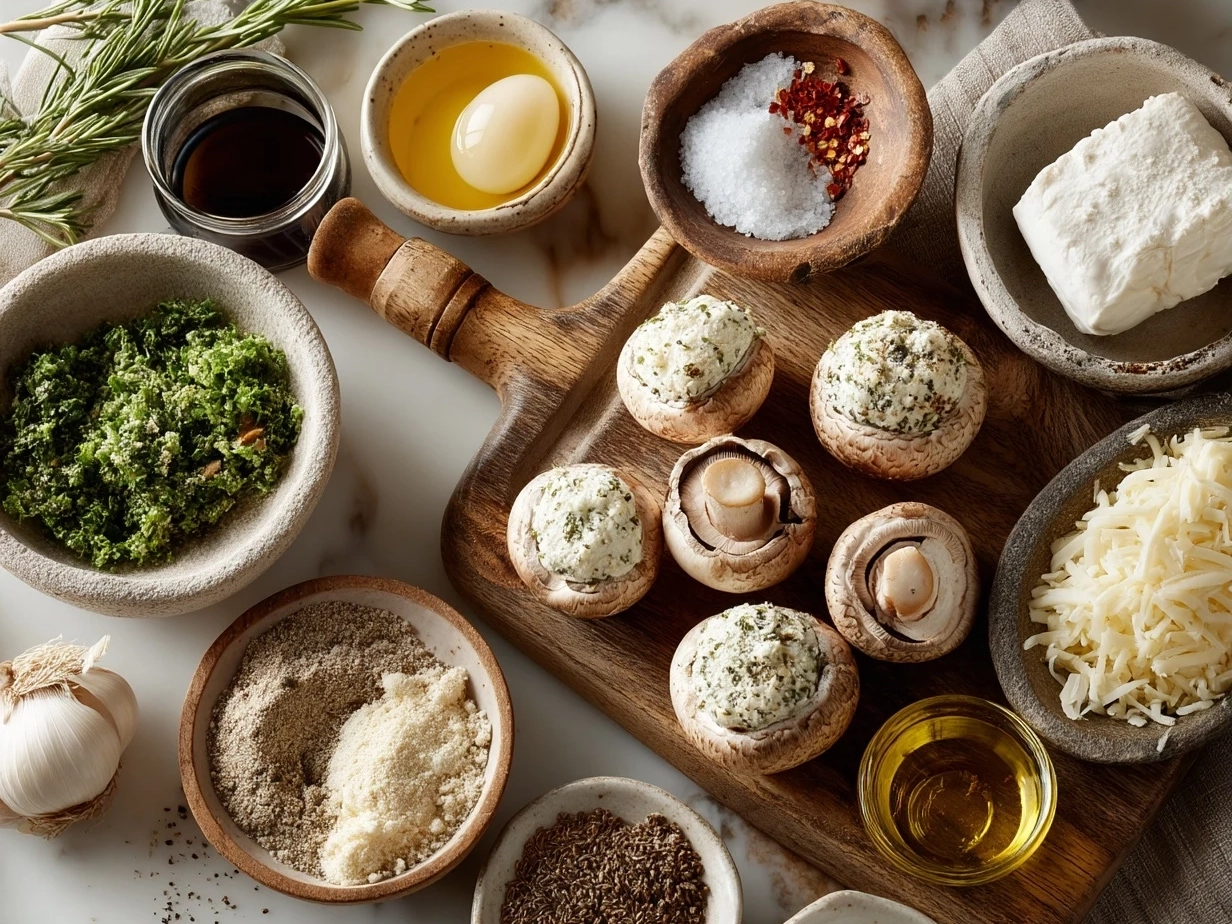 Ingredients for stuffed mushrooms including cream cheese, mushrooms, spinach, onions, garlic, olive oil, and spices