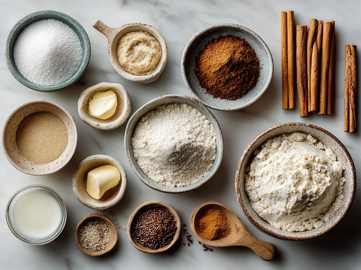 Ingredients for classic sugar cookies laid out on a wooden table