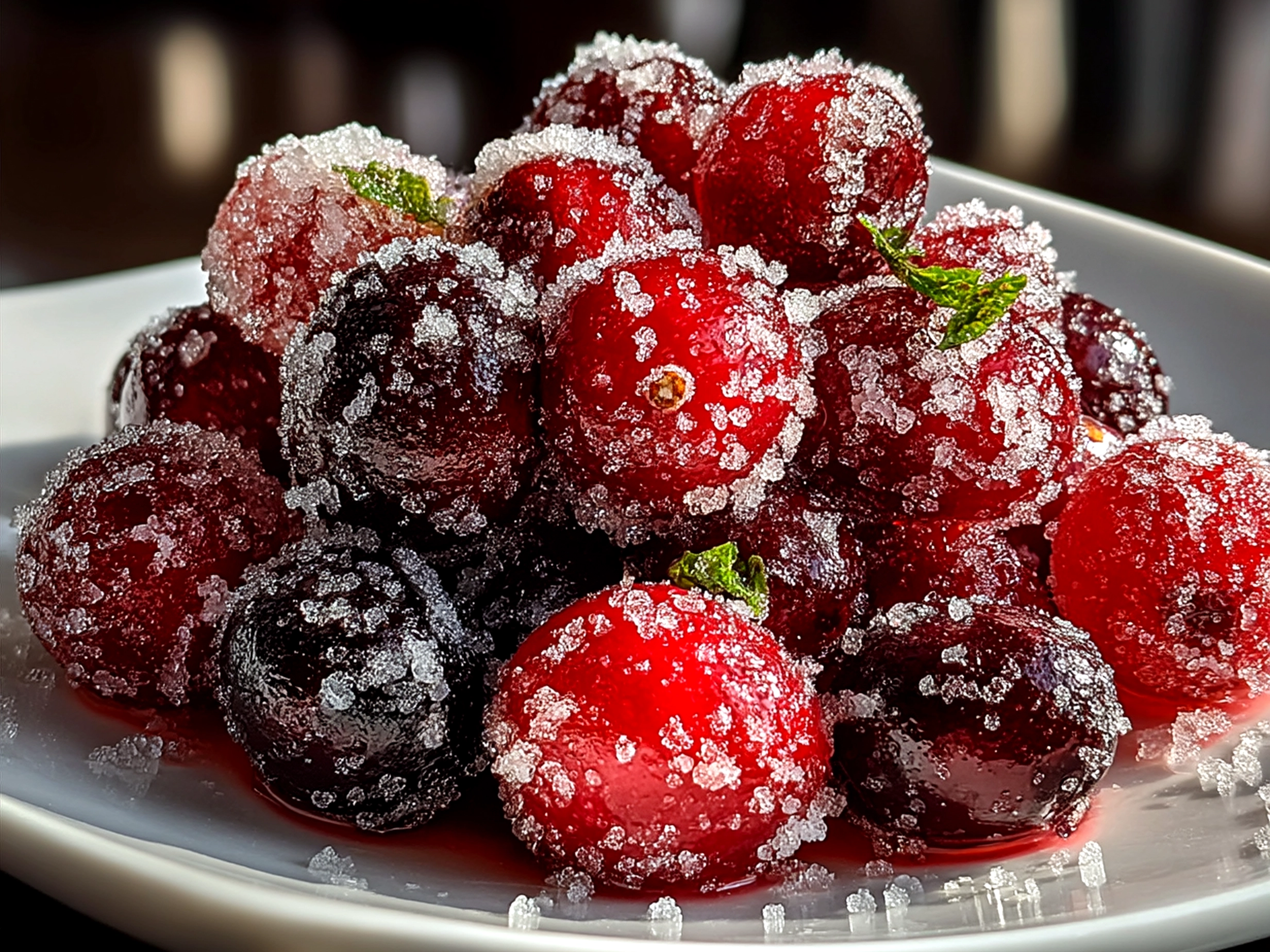 Final Sugared Candied Cranberries Soda served in glasses with sugared cranberries garnish floating on top