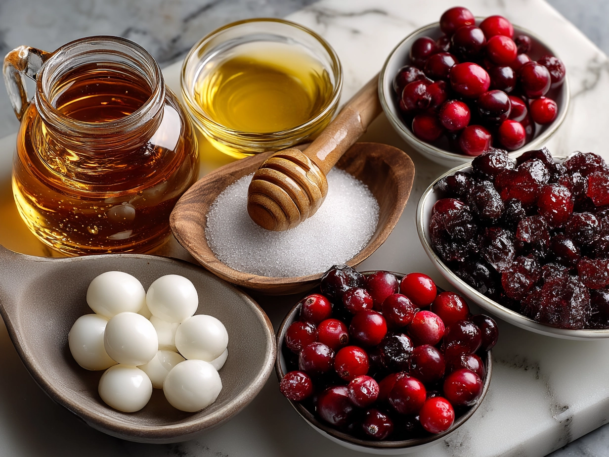 Ingredients for Sugared Candied Cranberries Soda laid out on a kitchen counter including fresh cranberries, granulated sugar, cinnamon, cloves, sparkling water, cranberry juice, and orange juice