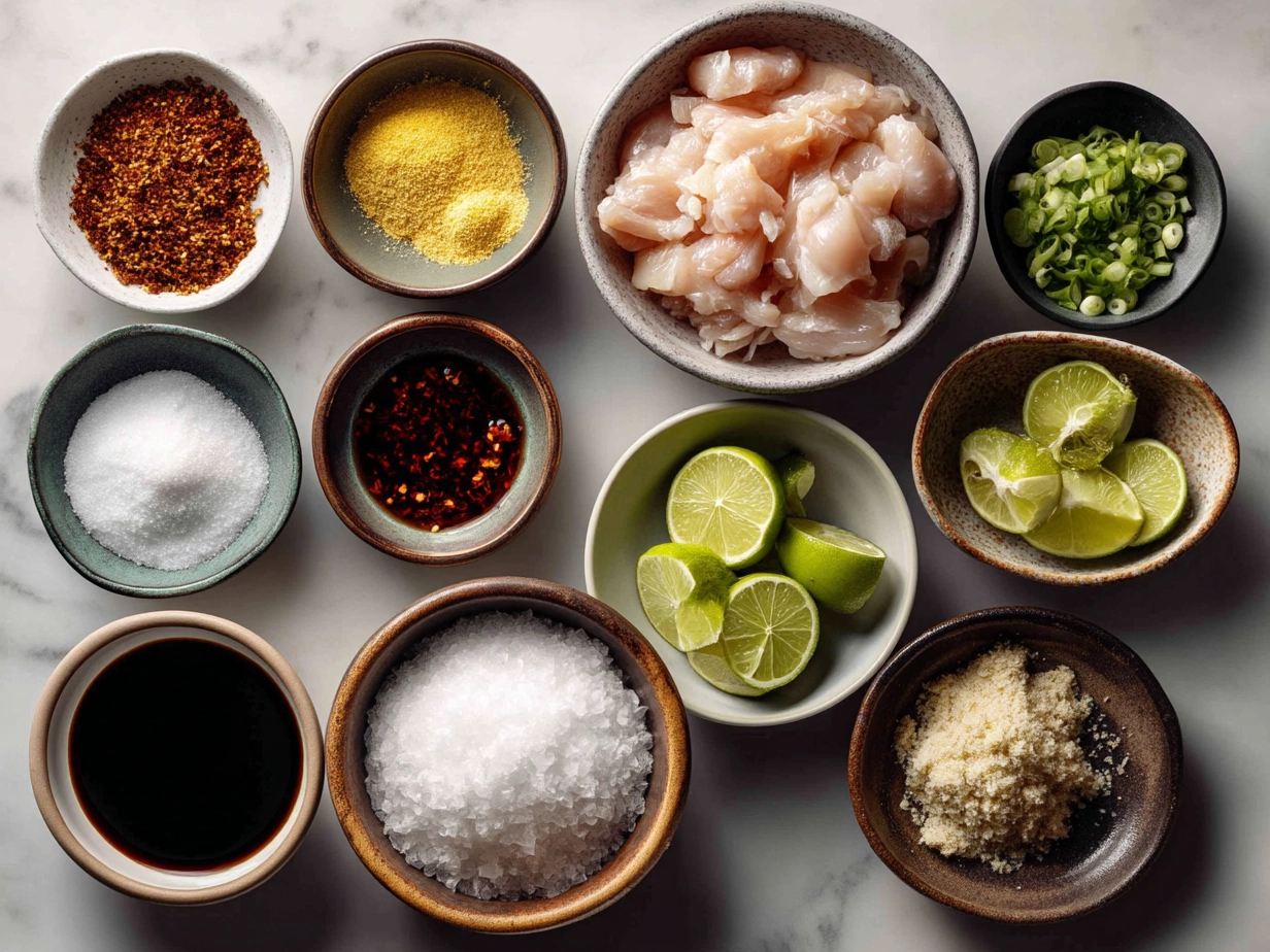 Ingredients for Sweet Chili Chicken Bowl including chicken thighs, jasmine rice, sweet chili sauce, garlic, ginger, broccoli, and more.
