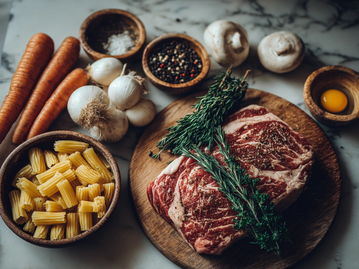 Raw ingredients including beef stew meat, macaroni pasta, onions, tomatoes, carrots, celery and spices arranged on a wooden surface