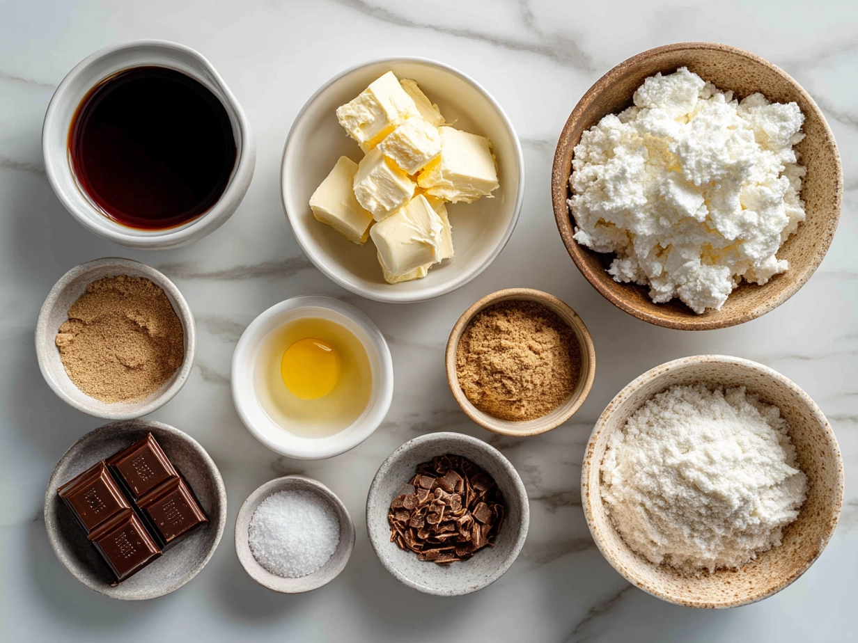 Raw ingredients for Buckeye Dip laid out on a table: peanut butter, cream cheese, powdered sugar, vanilla extract, chocolate chips, heavy cream, and salt