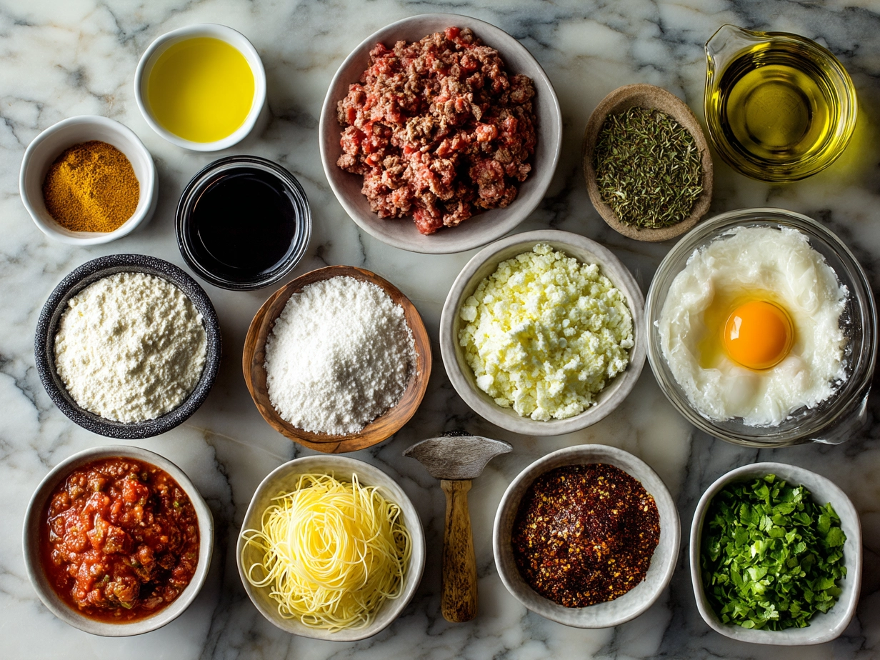 Top down view of raw ingredients for Classic Lasagna on marble surface