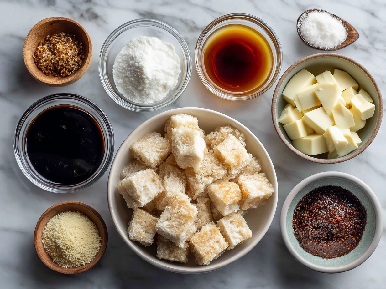 Top-down view of raw ingredients for Crispy Teriyaki Tofu Cubes on a marble surface, showcasing quality fresh ingredients neatly arranged in a modern kitchen setting