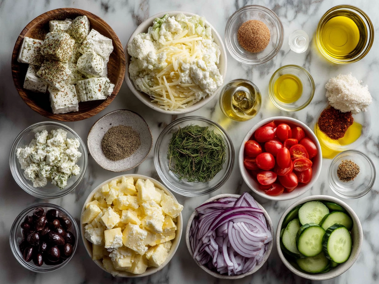 Top down view of raw ingredients for Georgia cracker salad arranged neatly on a marble surface