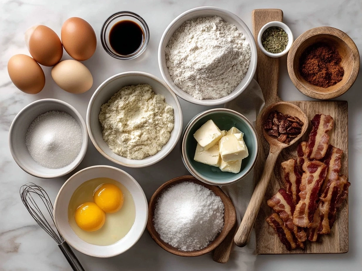 Top-down view of raw ingredients for Loaded Bacon and Egg Hash Brown Muffins arranged on a marble countertop, depicting a modern kitchen organized mise en place