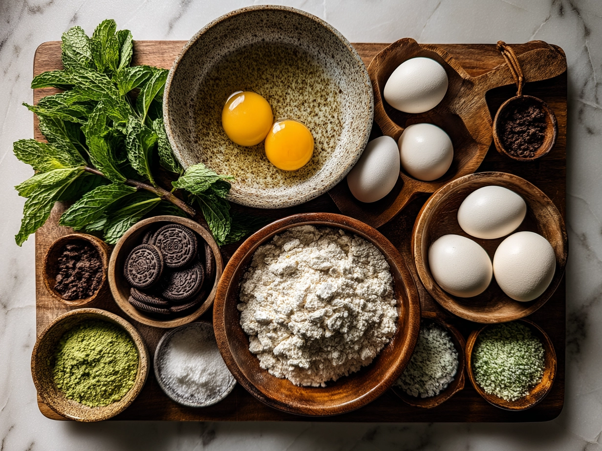 Top down view of raw ingredients for Mint Oreo Balls on marble surface