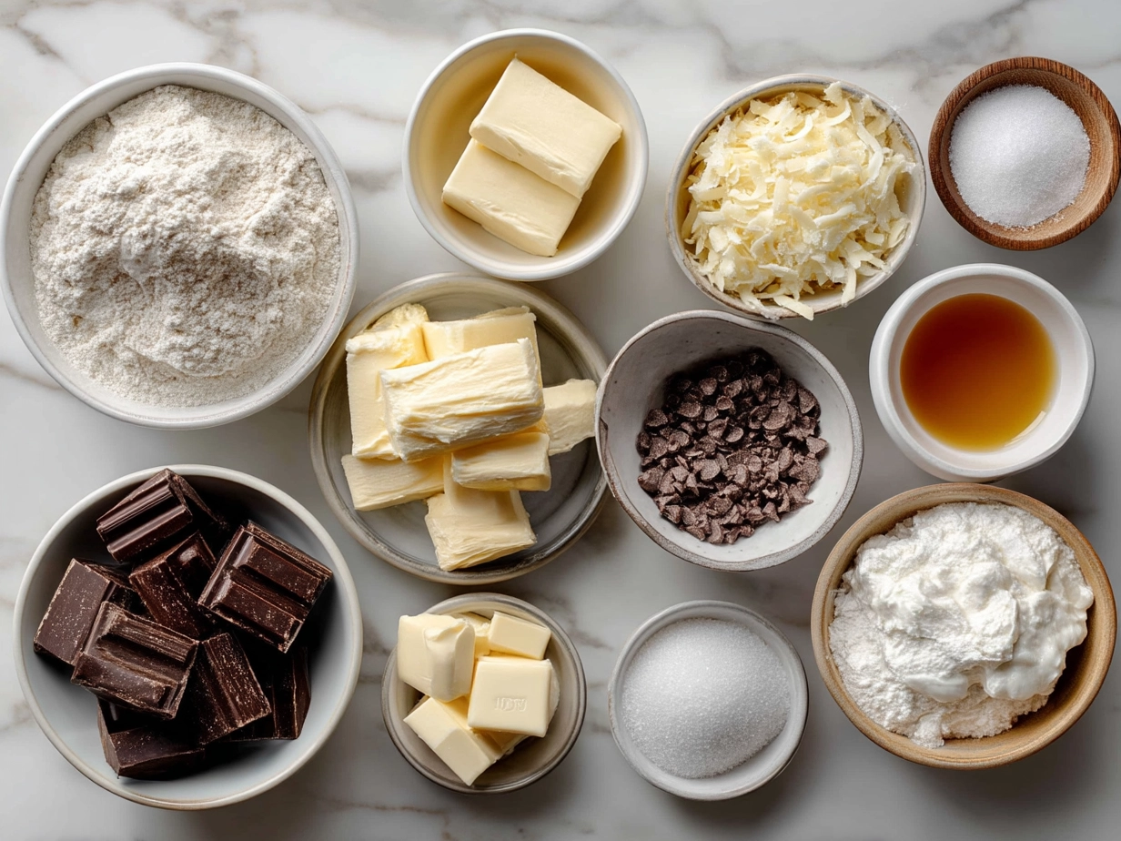 Top down raw ingredients for No Fail Fudge on marble surface