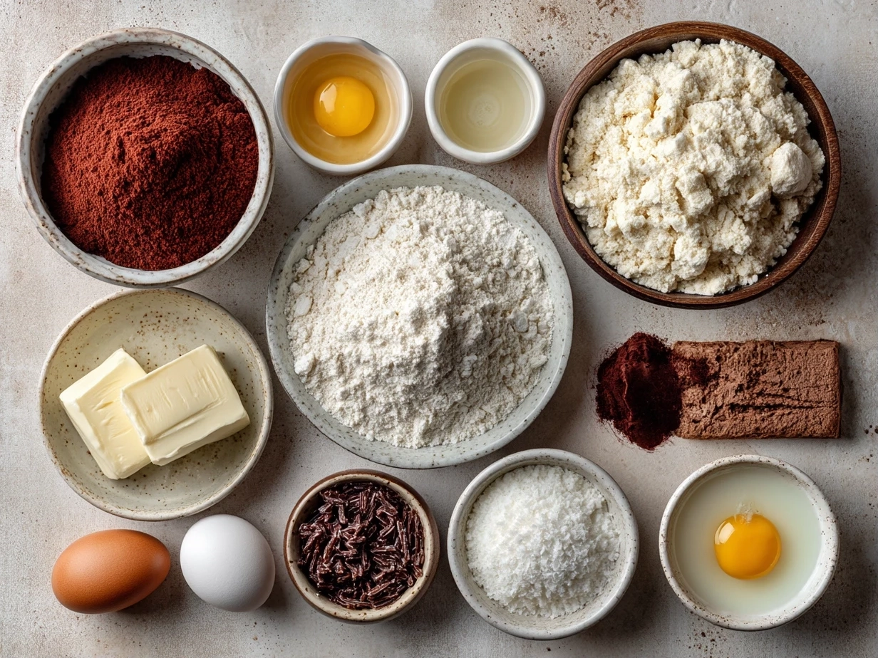 Top-down view of raw ingredients for Red Velvet Bear Cookies on a marble surface