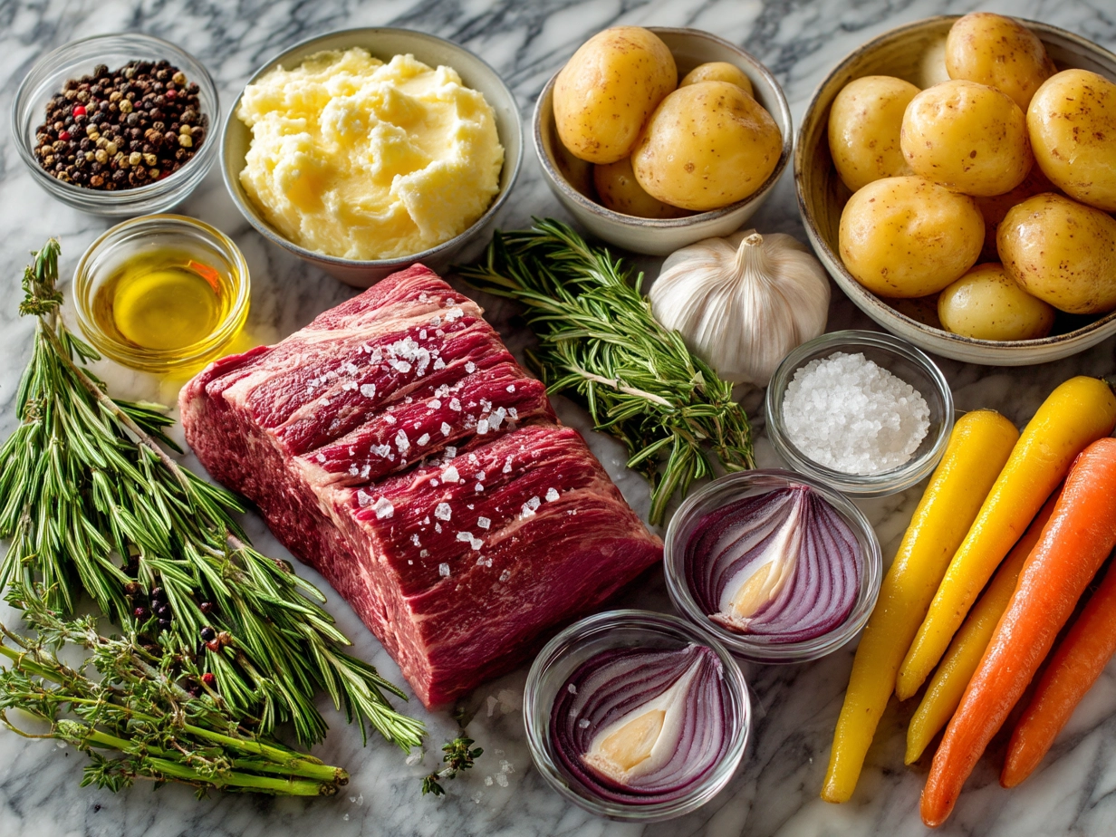 Raw ingredients for Roast Beef in the Oven including garlic, herbs, beef, and spices arranged on a marble surface