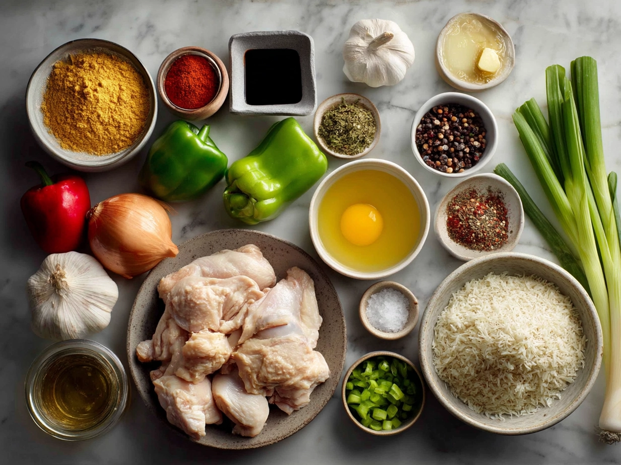Top-down raw ingredients for Smothered Chicken Rice on marble, organized mise en place