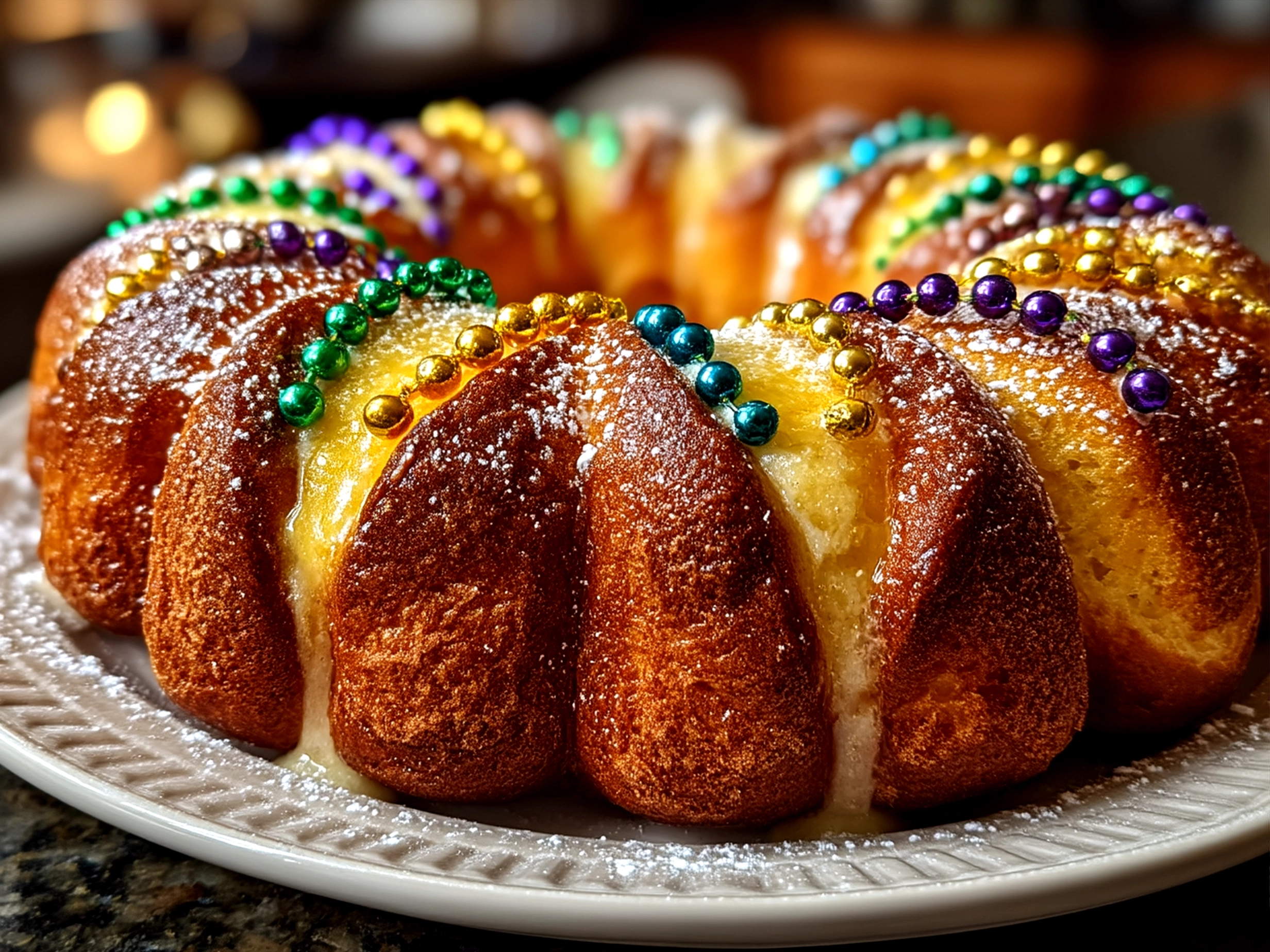 Served Traditional King Cake with colorful icing on a platter