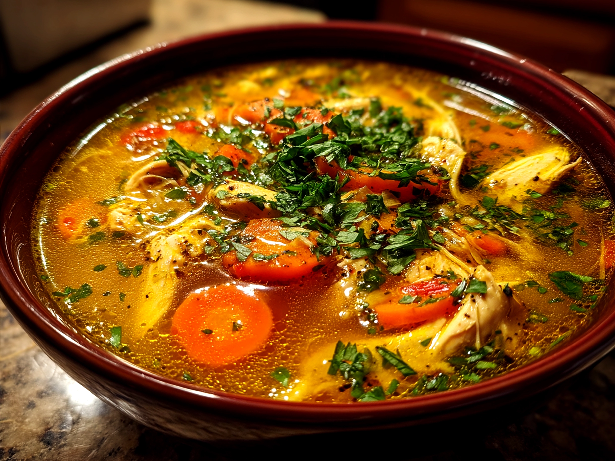 Serving bowl of Turmeric Chicken Soup garnished with fresh herbs
