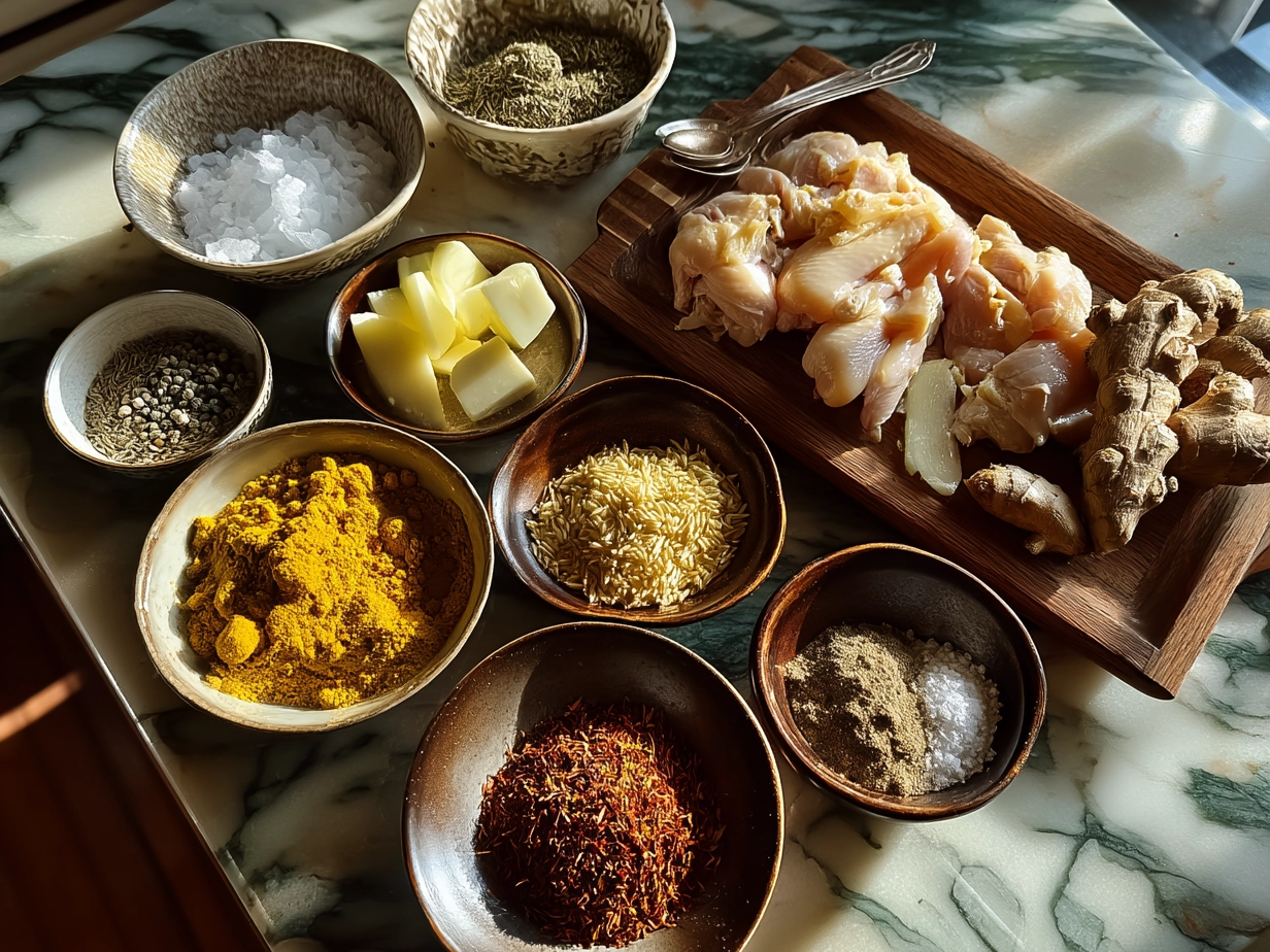 Ingredients for Turmeric Chicken Soup including turmeric, chicken thighs, vegetables, and spices