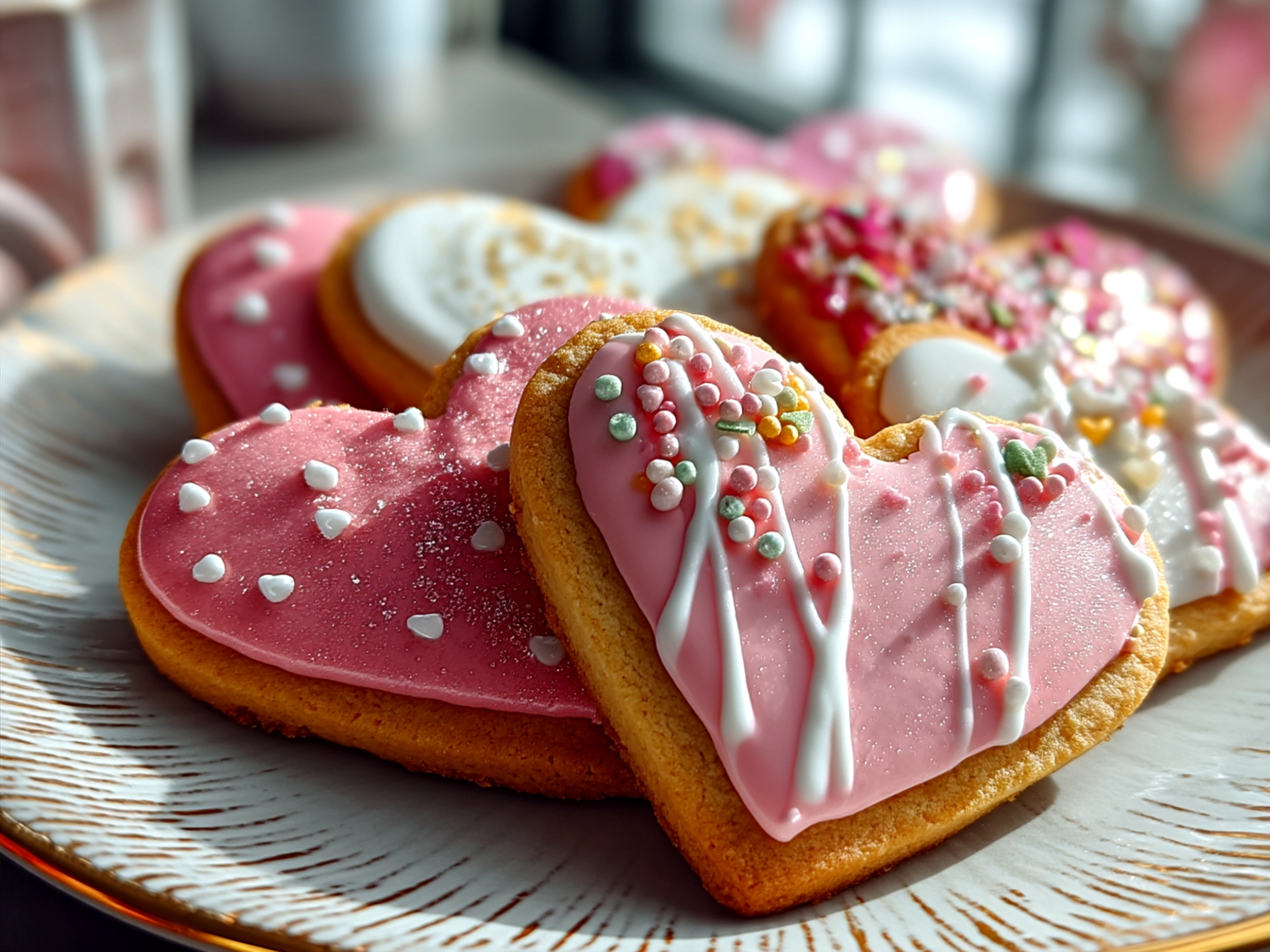 Freshly baked Valentine Strawberry Cookies with strawberry frosting on a serving platter