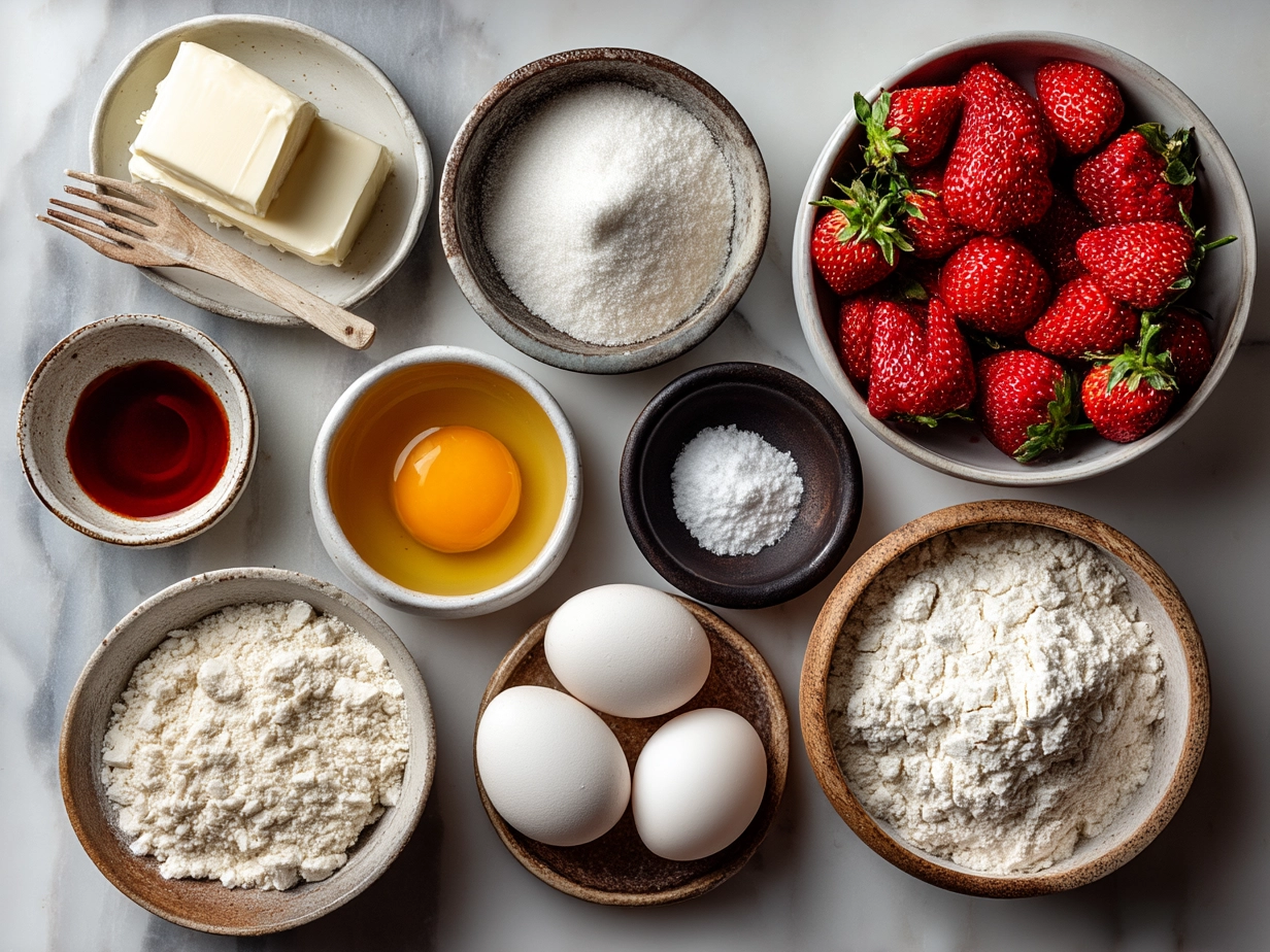 Ingredients for Valentine Strawberry Cookies laid out including flour, butter, sugar, freeze-dried strawberries, and strawberry frosting ingredients
