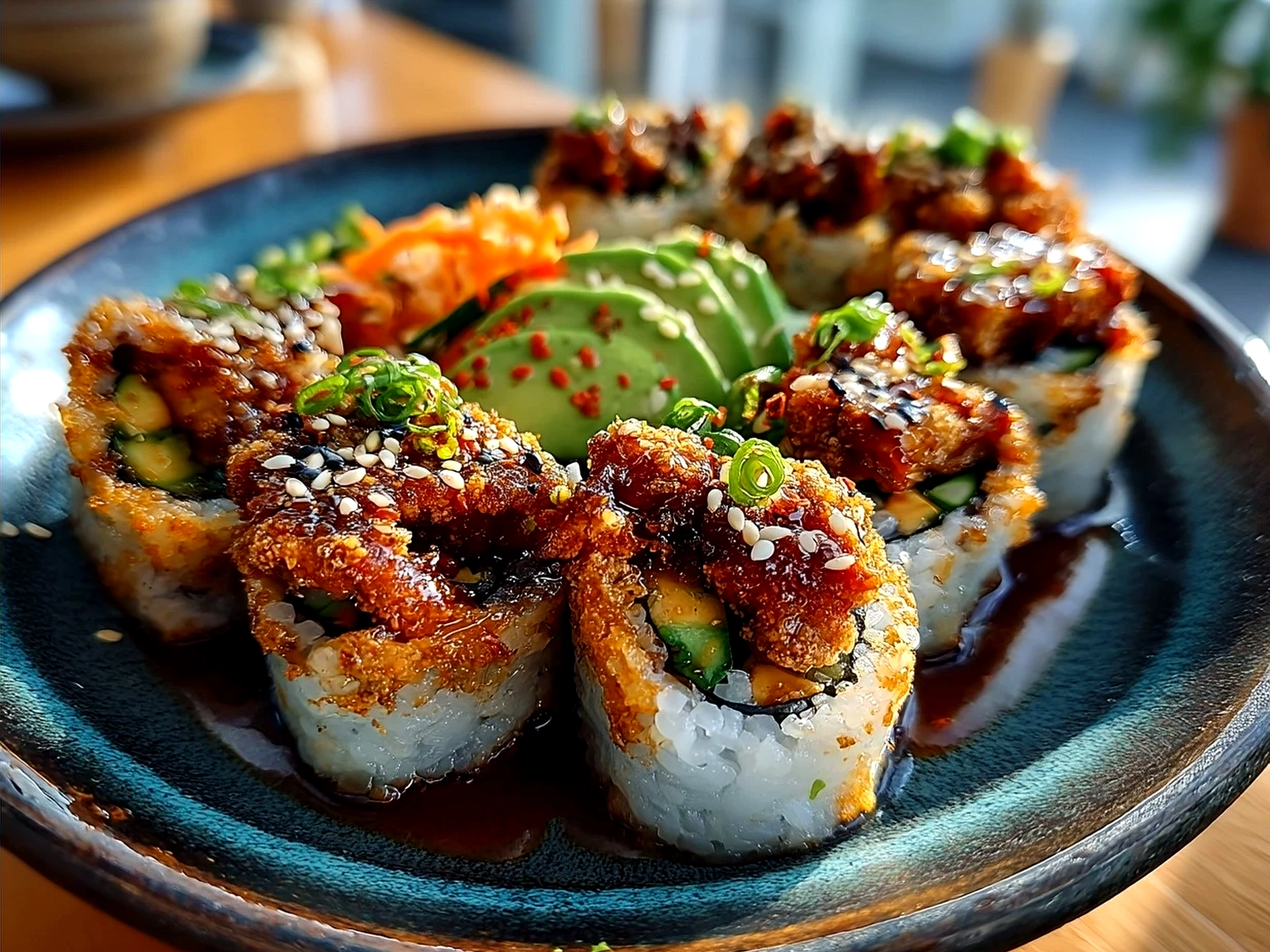 Deliciously plated Vegetarian Crunchy Roll Bowls with avocado, tempura, edamame and nori