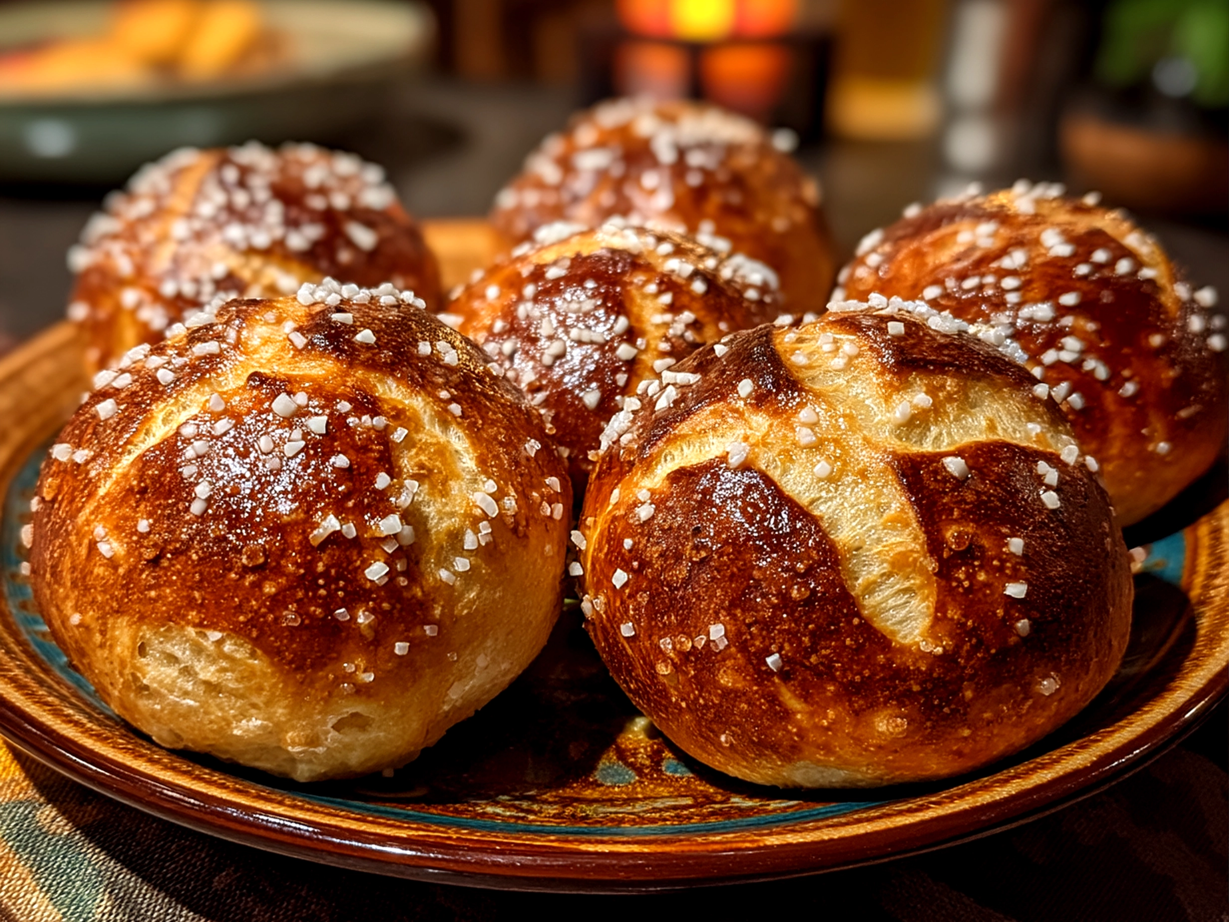 Close up of finished delicious sourdough discard pretzel bites served in rustic bowl